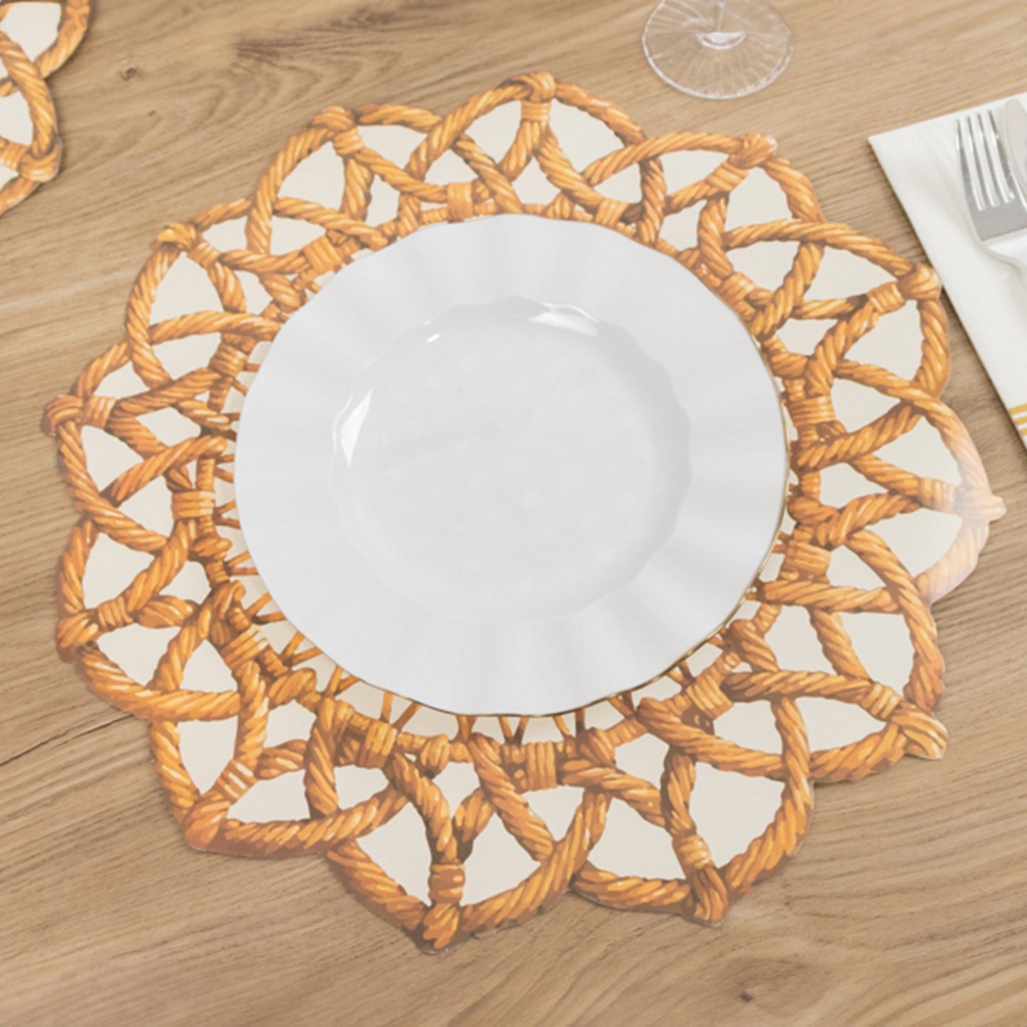 10 Pack Brown Die-Cut Rattan Weave Paper Table Mats, 16" Large Round Floral Disposable Dining Placemats with Scalloped Rim