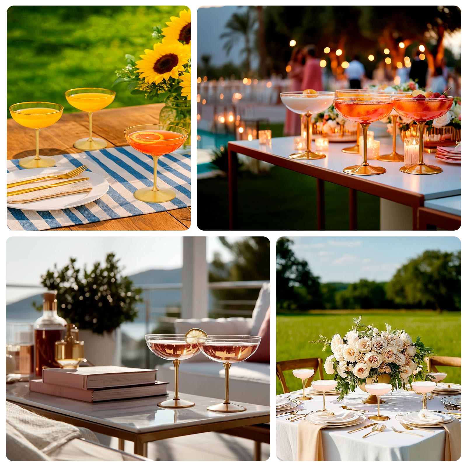 Clear cocktail glasses showcased at elegant outdoor events with vibrant drinks and decor.