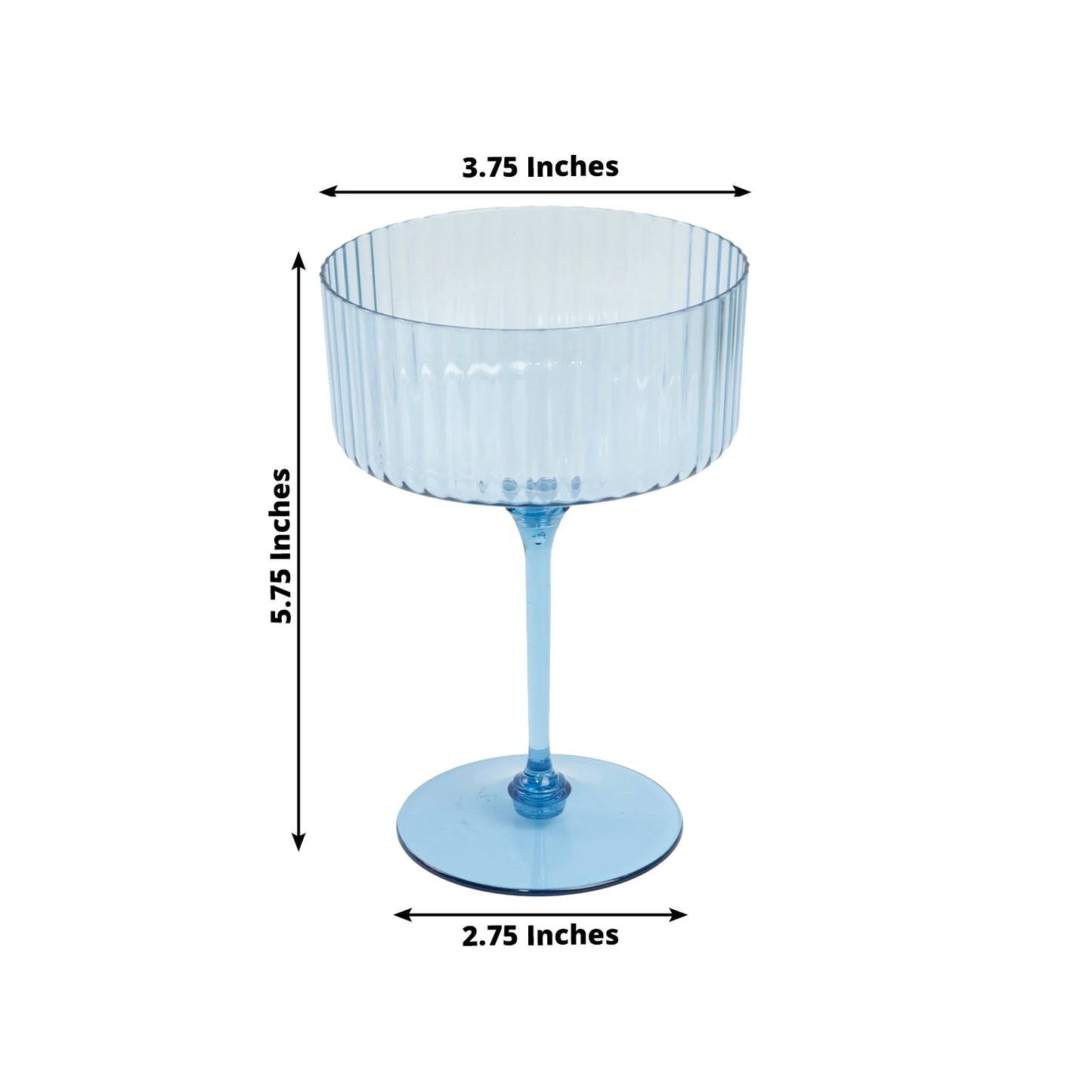 Dusty blue ribbed plastic cocktail glass with detachable stem and base.