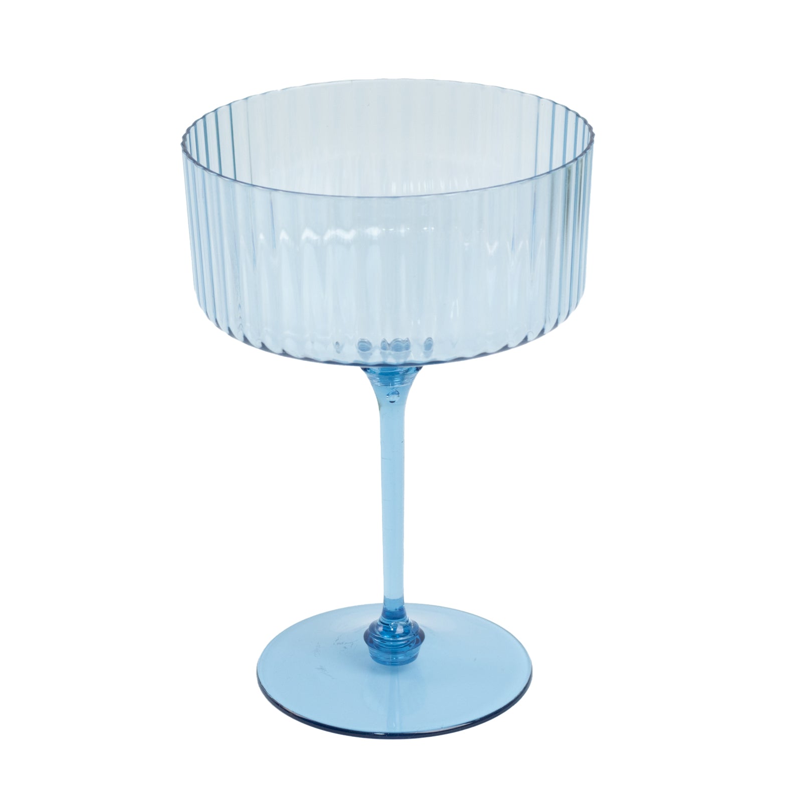 Dusty blue ribbed disposable coupe champagne glass with detachable stem.