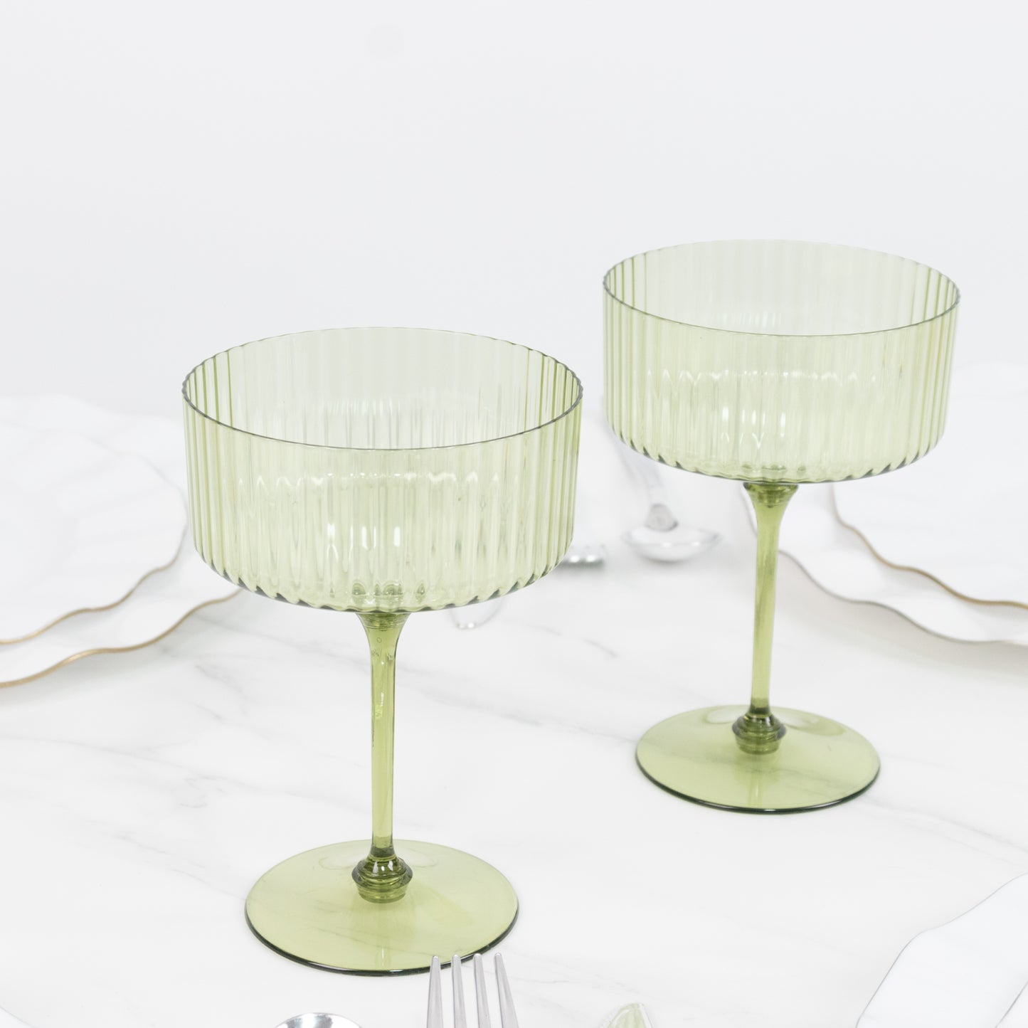 24-Pack Plastic Cocktail Glasses – 10oz Dusty Sage Green Ribbed Premium Disposable Coupe Champagne C