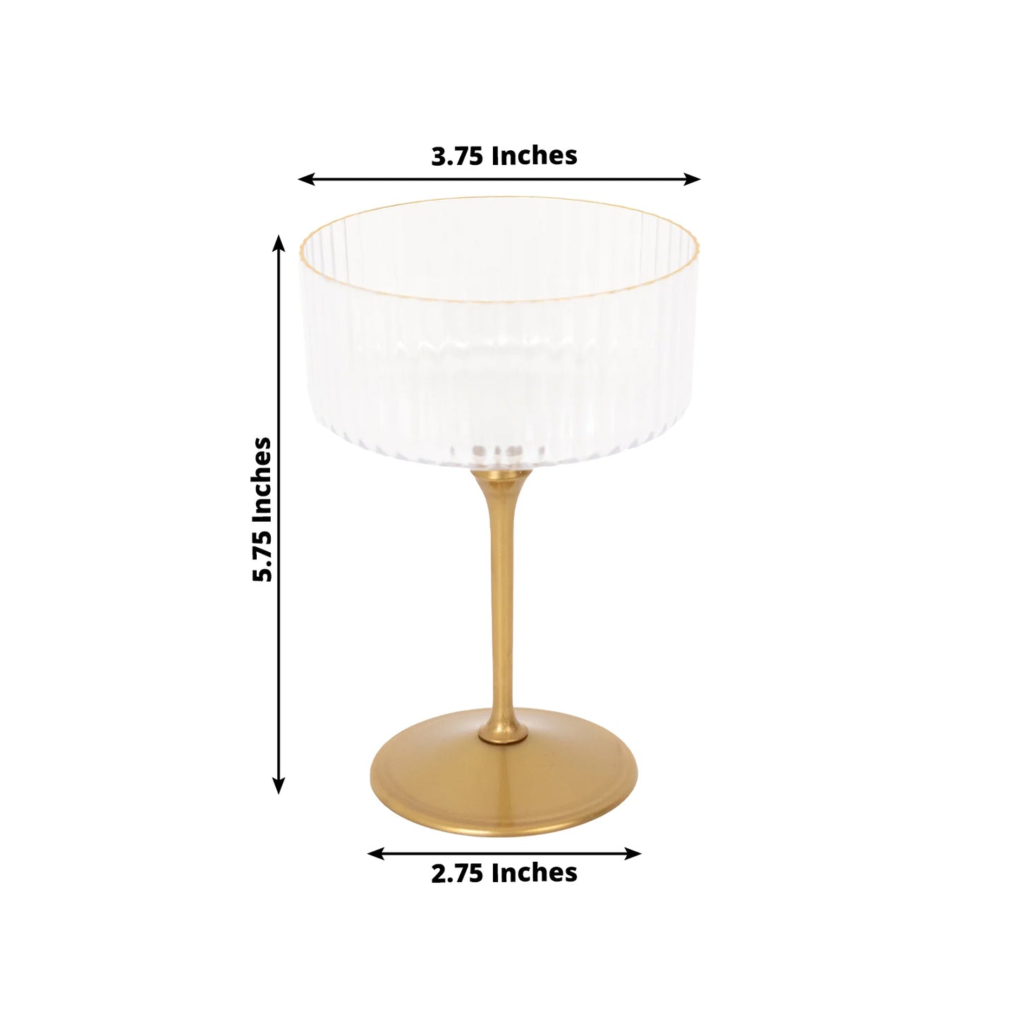 24-Pack Plastic Cocktail Glasses – 10oz Clear Ribbed Premium Disposable Coupe Champagne Cups with Gold Detachable Stem & Base – Party & Event Drinkware