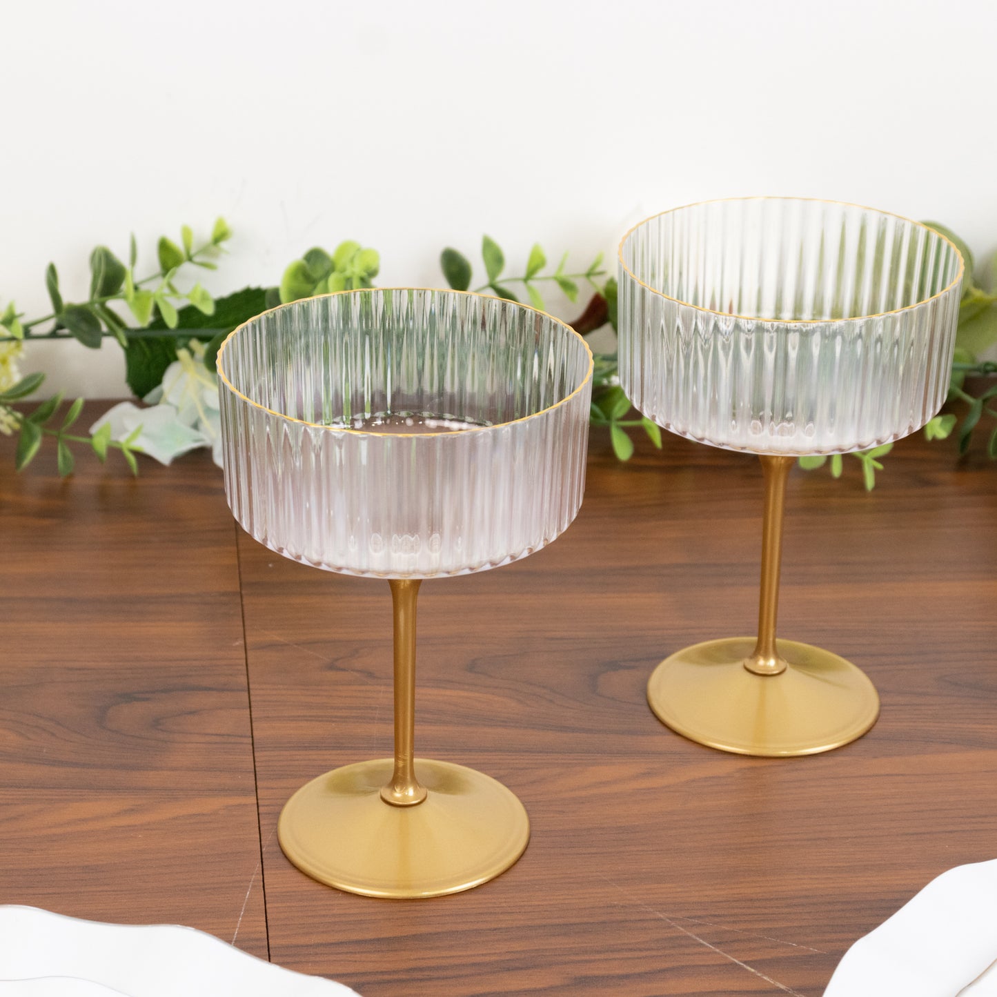 24-Pack Plastic Cocktail Glasses – 10oz Clear Ribbed Premium Disposable Coupe Champagne Cups with Gold Detachable Stem & Base – Party & Event Drinkware