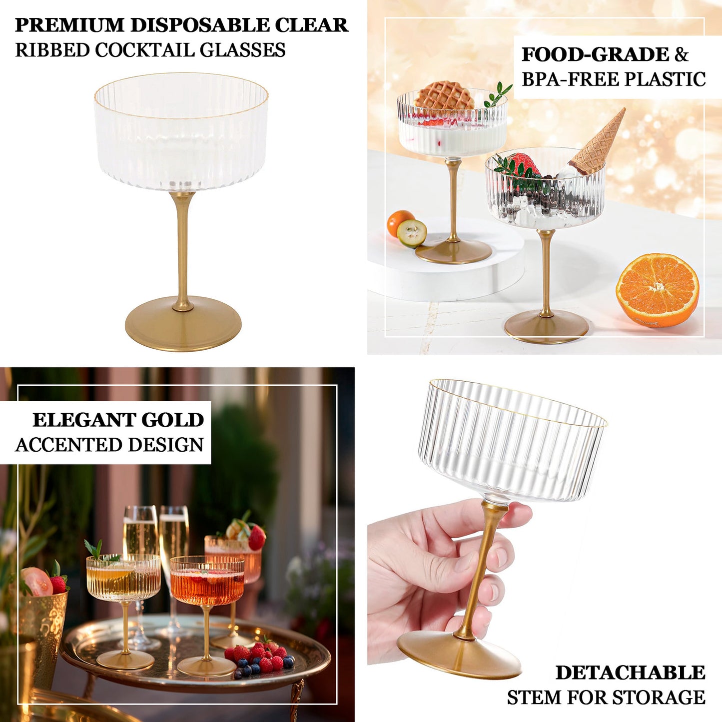 24-Pack Plastic Cocktail Glasses – 10oz Clear Ribbed Premium Disposable Coupe Champagne Cups with Gold Detachable Stem & Base