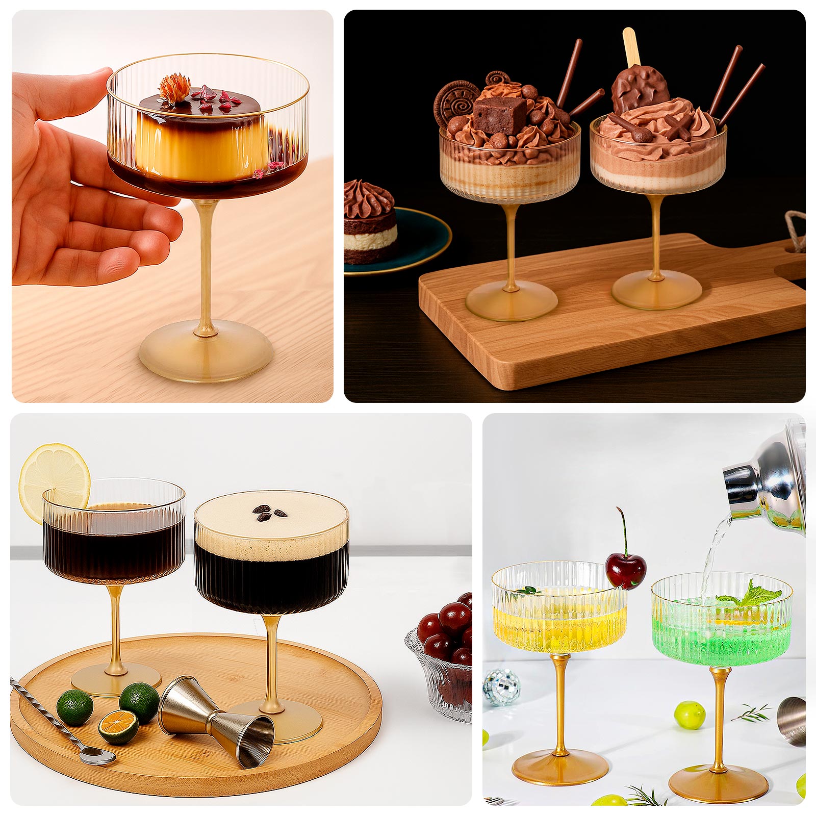 24-Pack Plastic Cocktail Glasses – 10oz Clear Ribbed Premium Disposable Coupe Champagne Cups with Gold Detachable Stem & Base