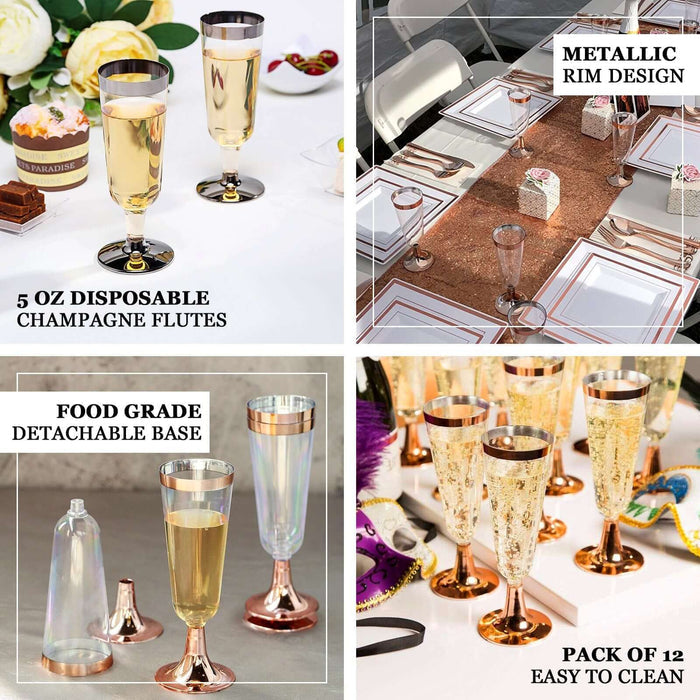 12 Pack Plastic 5oz Champagne Flutes, Disposable Champagne Glasses with Rose Gold Rimmed and Detachable Base