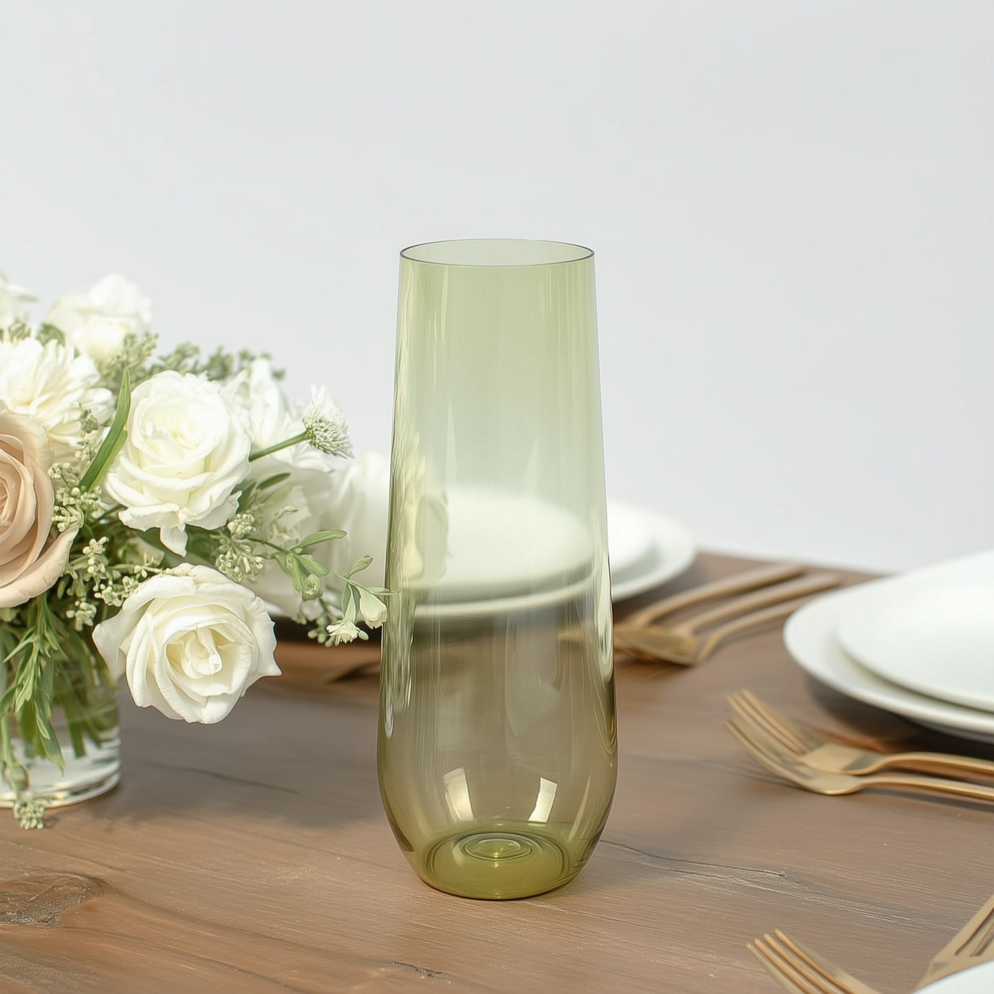 12 Pack Plastic Champagne Glasses in Transparent Dusty Sage Green, Reusable Lightweight Champagne Flutes 9oz