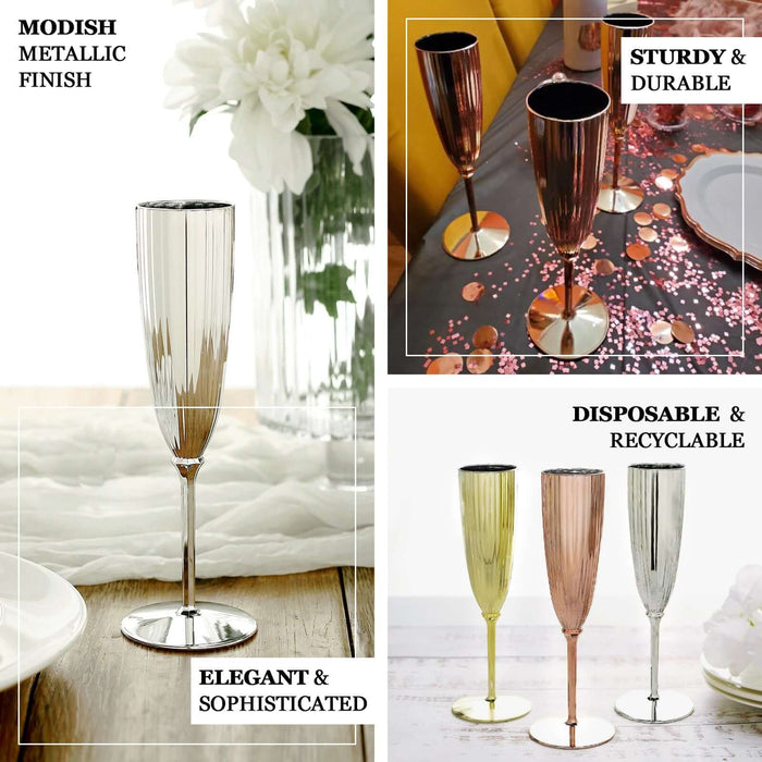 Metallic gold disposable champagne flutes in a stylish setting.