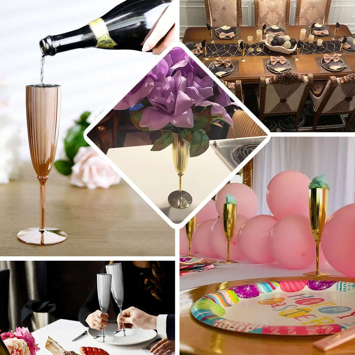 Rose gold disposable champagne flutes, perfect for celebrations and elegant events.