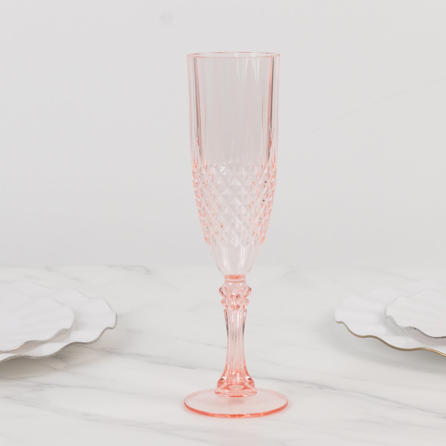 6 Pack Transparent Blush Crystal Cut Reusable Plastic Wedding Flute Glasses, 8oz Shatterproof Champagne Toast Glasses