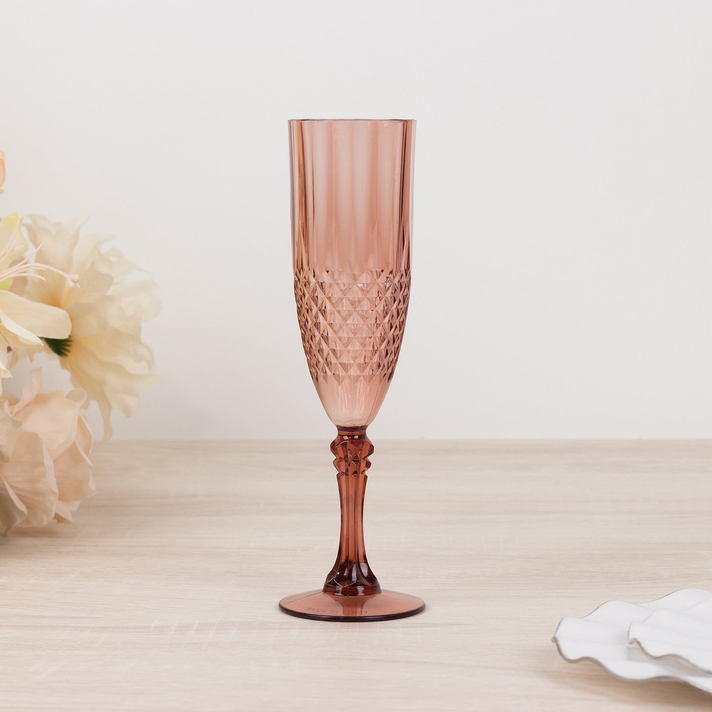 6 Pack 8oz Dusty Rose Crystal Cut Reusable Plastic Wedding Flute Glasses, Shatterproof Champagne Toast Glasses