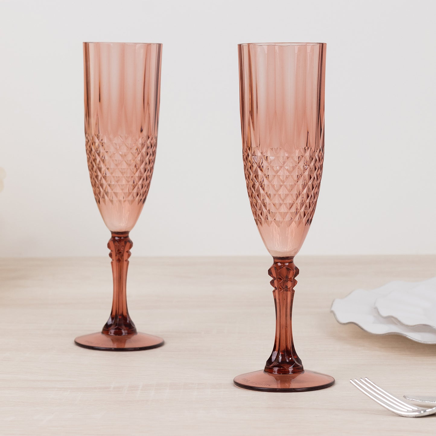 6 Pack 8oz Dusty Rose Crystal Cut Reusable Plastic Wedding Flute Glasses, Shatterproof Champagne Toast Glasses