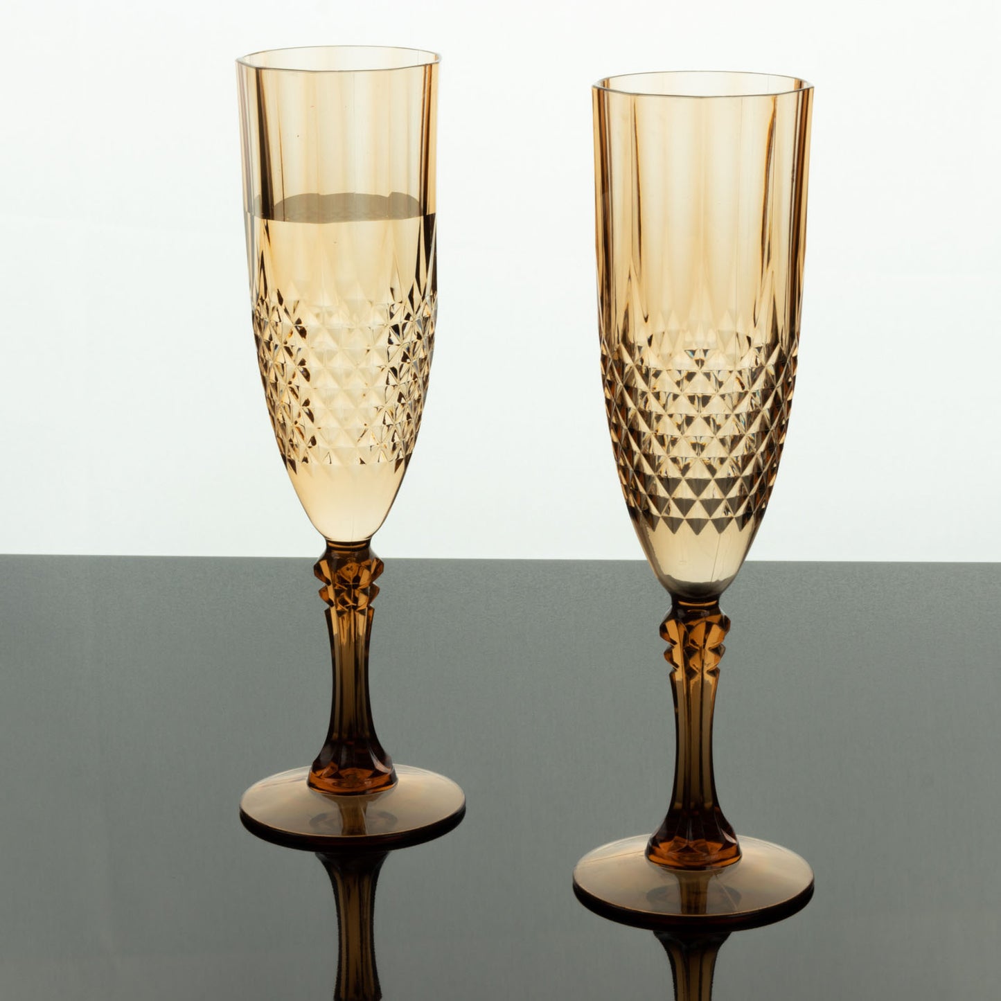 6 Pack | 8oz Amber Gold  Crystal Cut Reusable Plastic Wedding Flute Glasses, Shatterproof Champagne Toast Glasses