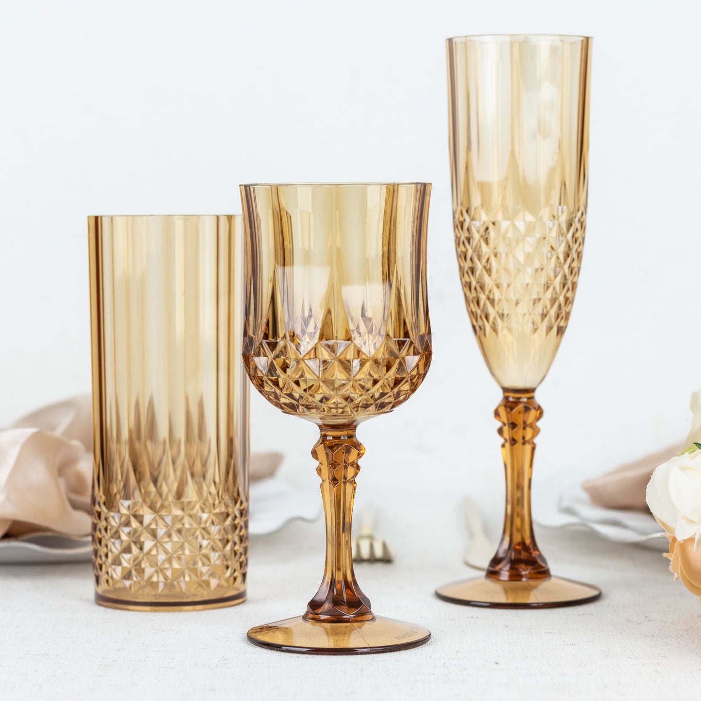 6 Pack | 8oz Amber Gold  Crystal Cut Reusable Plastic Wedding Flute Glasses, Shatterproof Champagne Toast Glasses