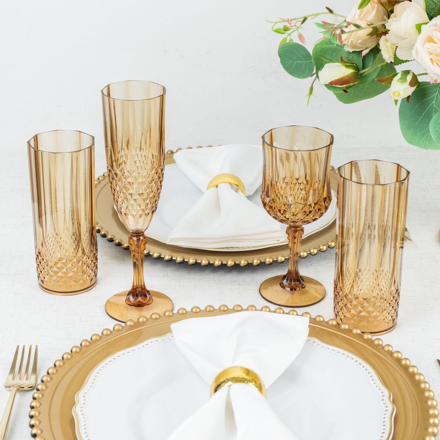 6 Pack | 8oz Amber Gold  Crystal Cut Reusable Plastic Wedding Flute Glasses, Shatterproof Champagne Toast Glasses