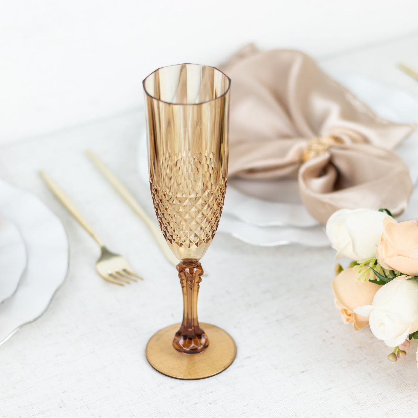 6 Pack | 8oz Amber Gold  Crystal Cut Reusable Plastic Wedding Flute Glasses, Shatterproof Champagne Toast Glasses