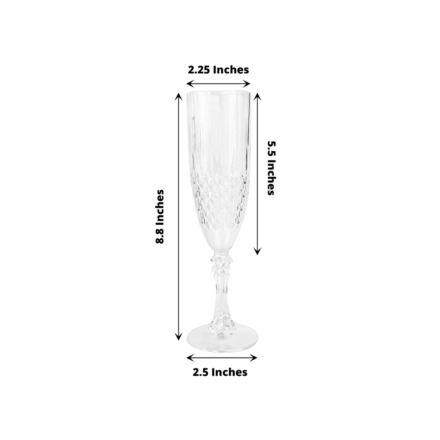 Clear crystal cut reusable plastic champagne flute glasses, 6 pack.