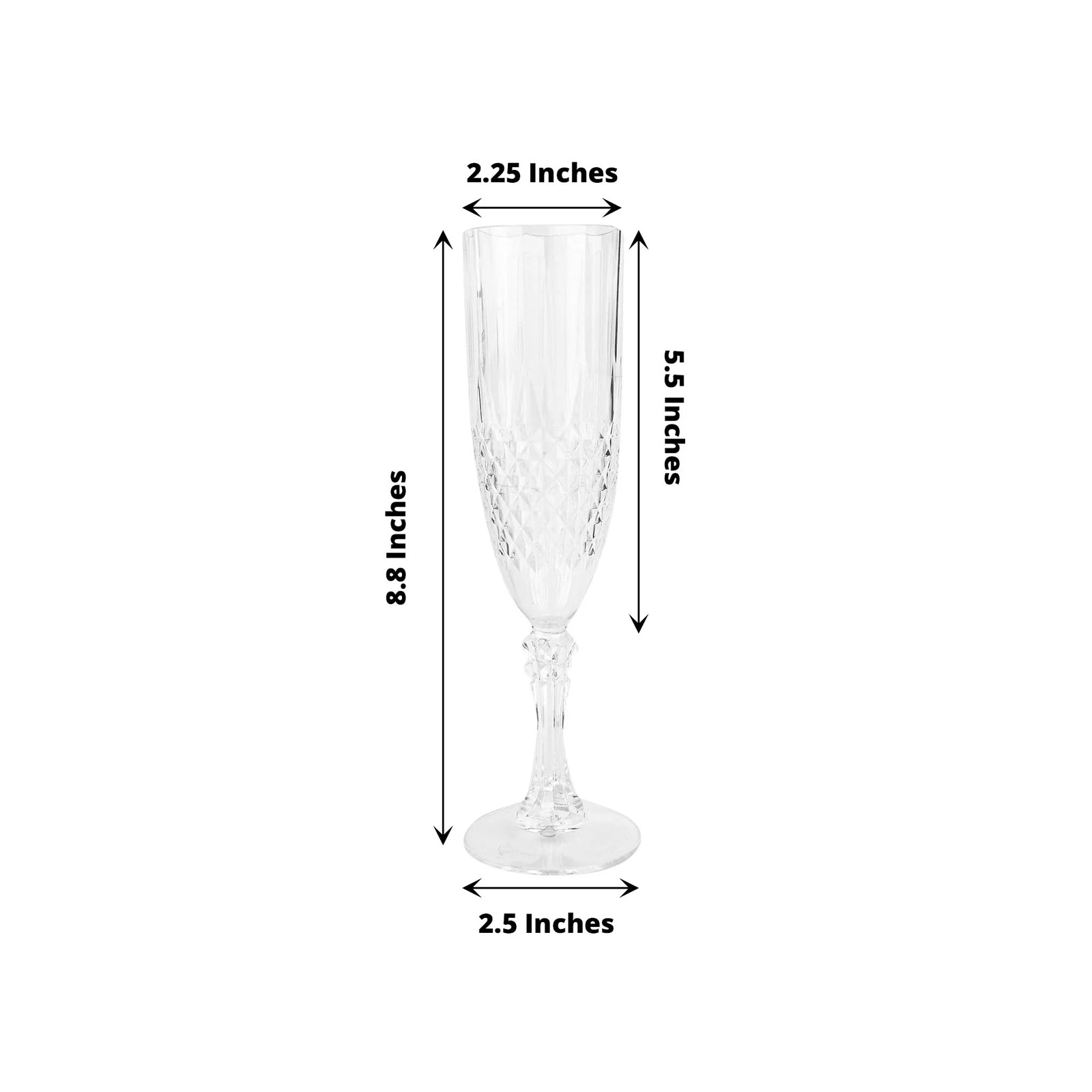 Clear crystal cut reusable plastic champagne flute glasses, 6 pack.