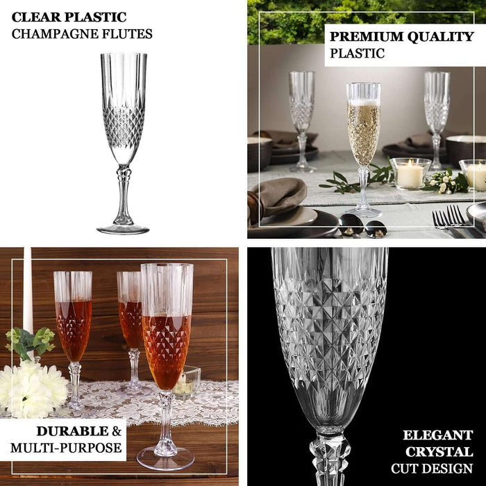 6 Pack | 8oz Black Crystal Cut Reusable Plastic Wedding Flute Glasses, Shatterproof Champagne Toast Glasses