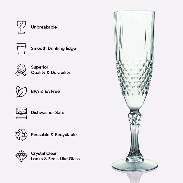 Clear crystal cut reusable plastic champagne flute glasses.