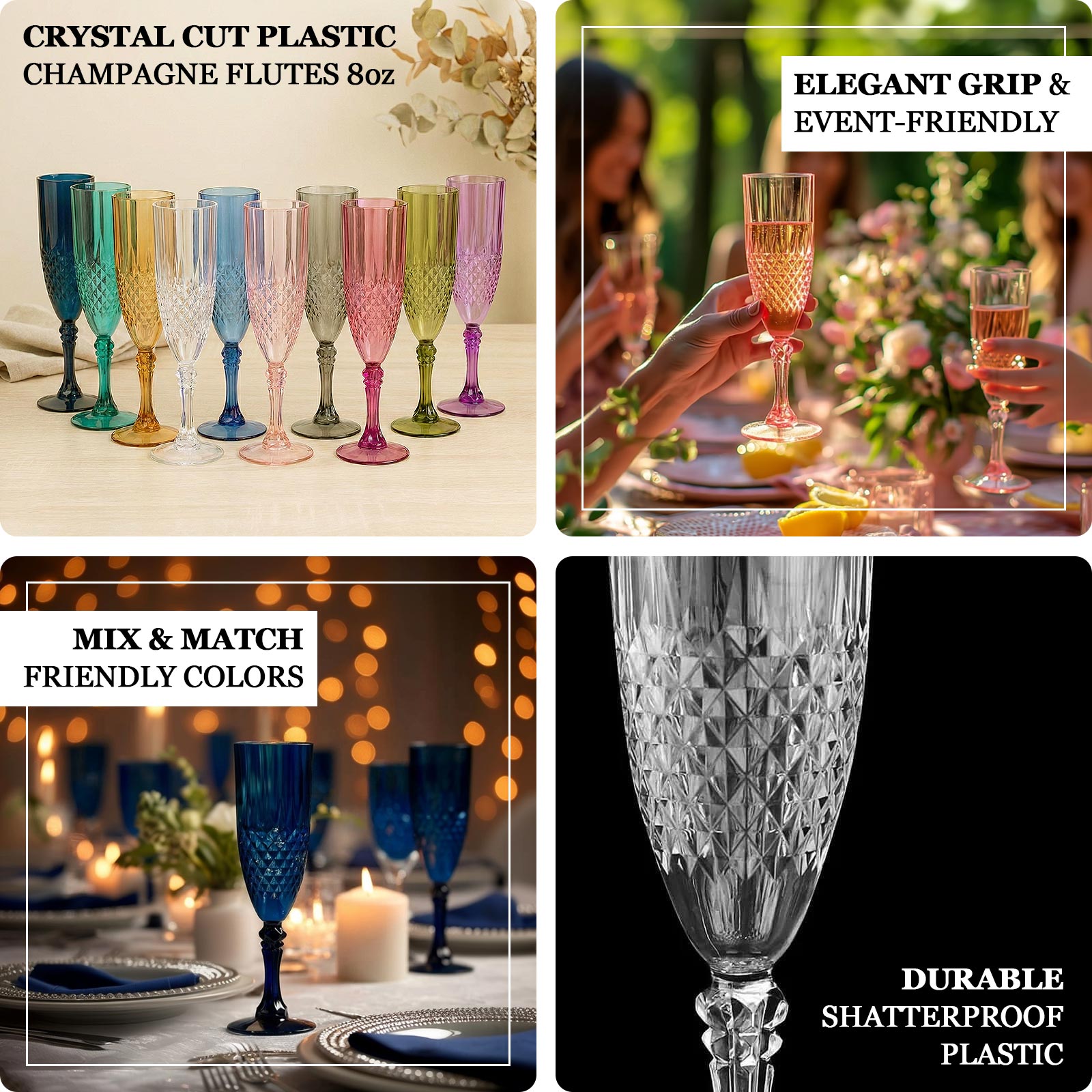 Dusty rose crystal cut reusable plastic champagne flutes, shatterproof and elegant.