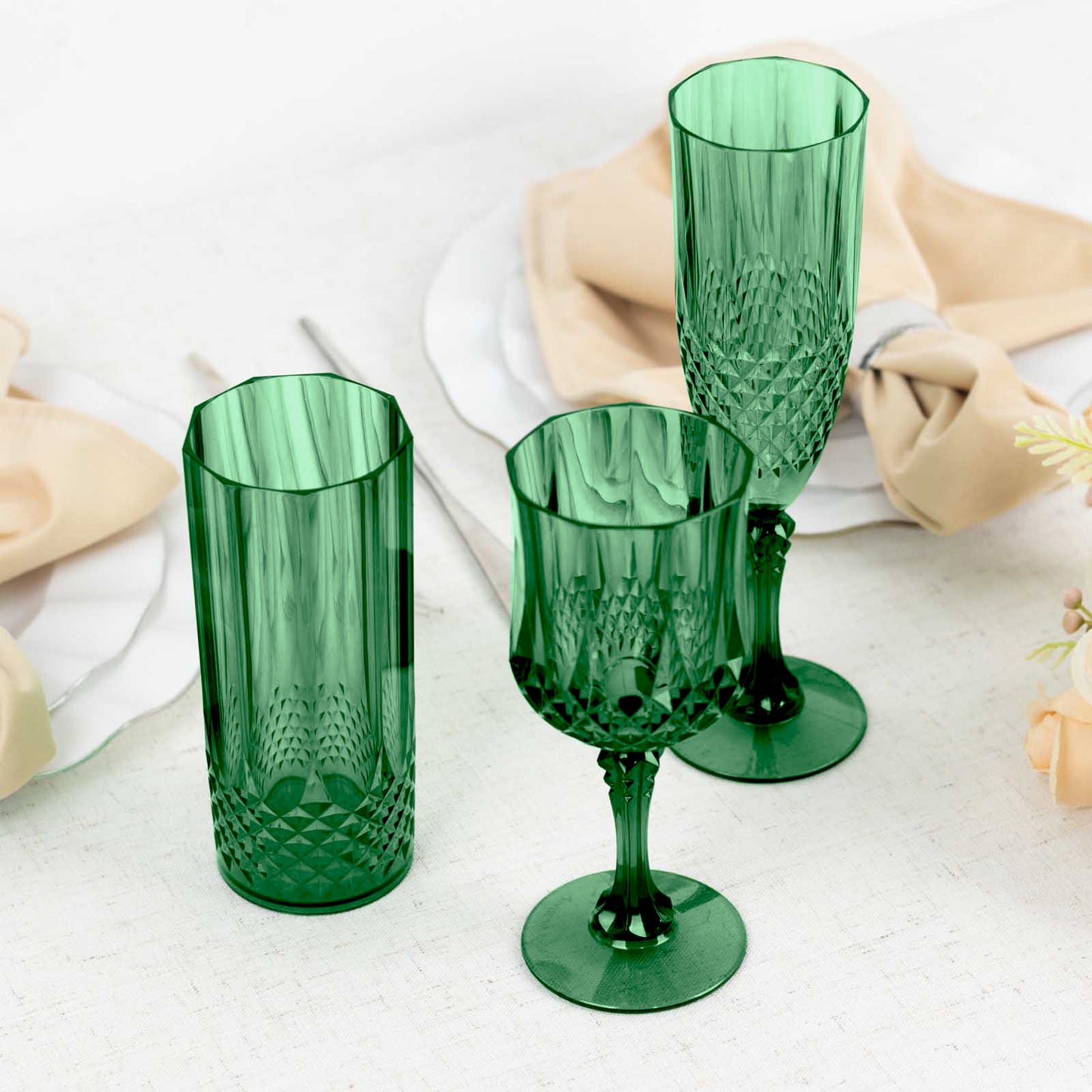 6 Pack 8oz Hunter Emerald Green Crystal Cut Reusable Plastic Wedding Flute Glasses, Shatterproof Champagne Toast Glasses