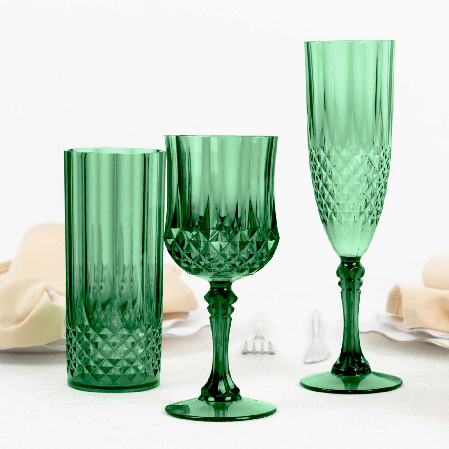 6 Pack 8oz Hunter Emerald Green Crystal Cut Reusable Plastic Wedding Flute Glasses, Shatterproof Champagne Toast Glasses
