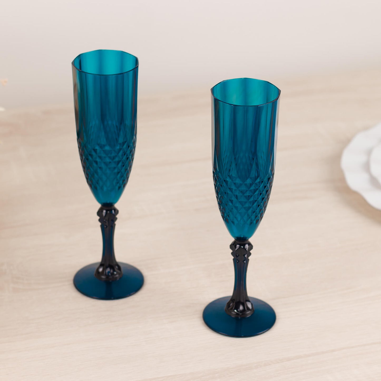 6 Pack Navy Blue Crystal Cut Reusable Plastic Wedding Flute Glasses, 8oz Shatterproof Champagne Toast Glasses