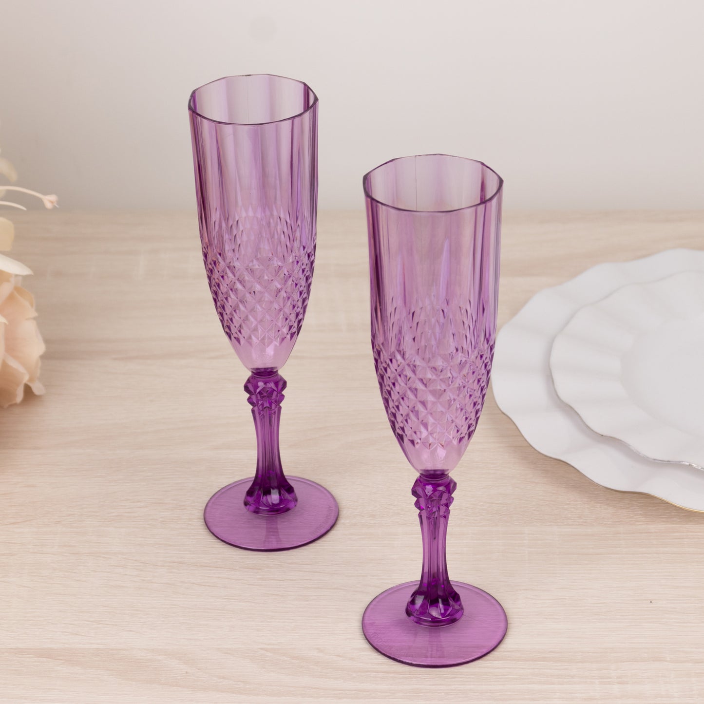 6 Pack Purple Crystal Cut Reusable Plastic Wedding Flute Glasses, 8oz Shatterproof Champagne Toast Glasses