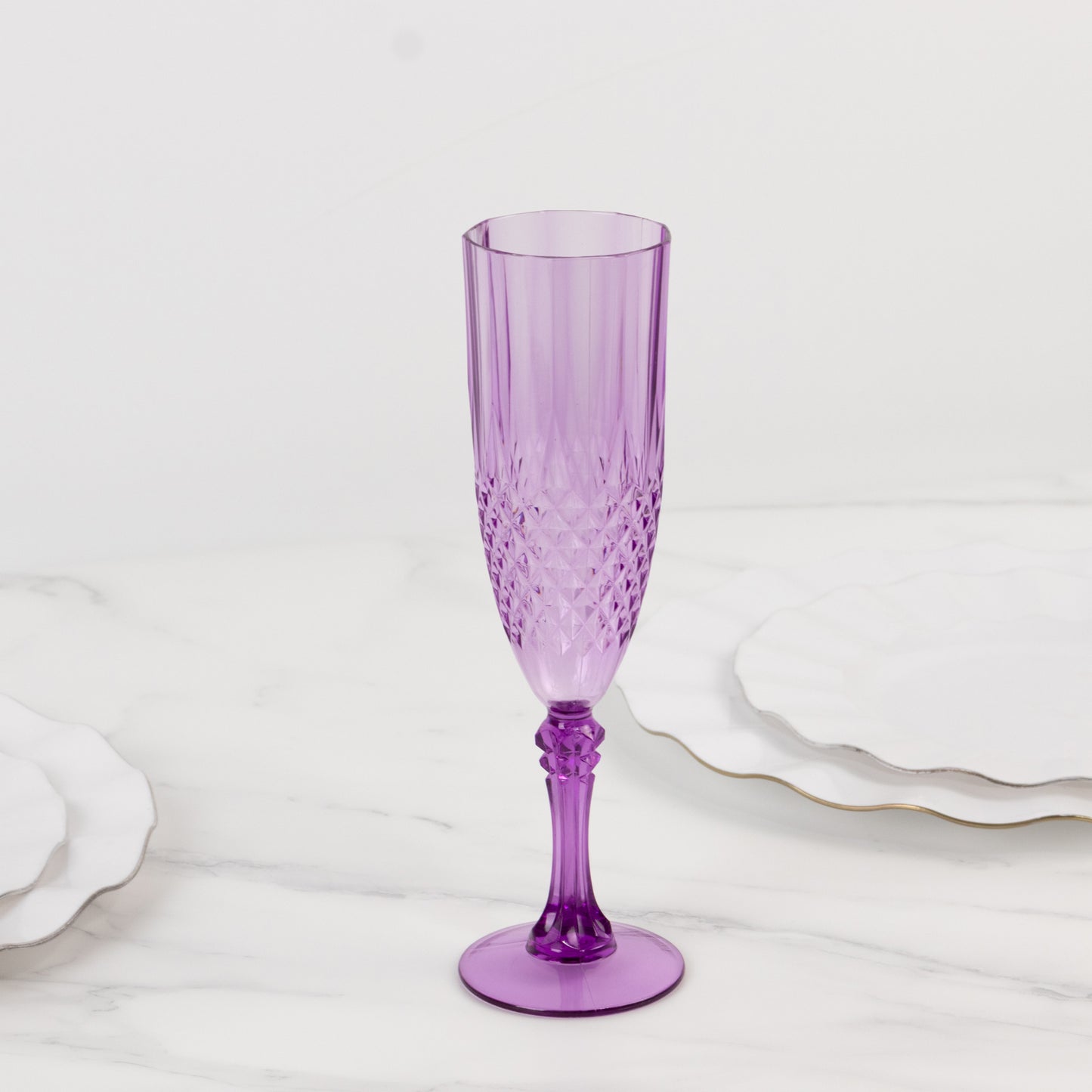 6 Pack Purple Crystal Cut Reusable Plastic Wedding Flute Glasses, 8oz Shatterproof Champagne Toast Glasses