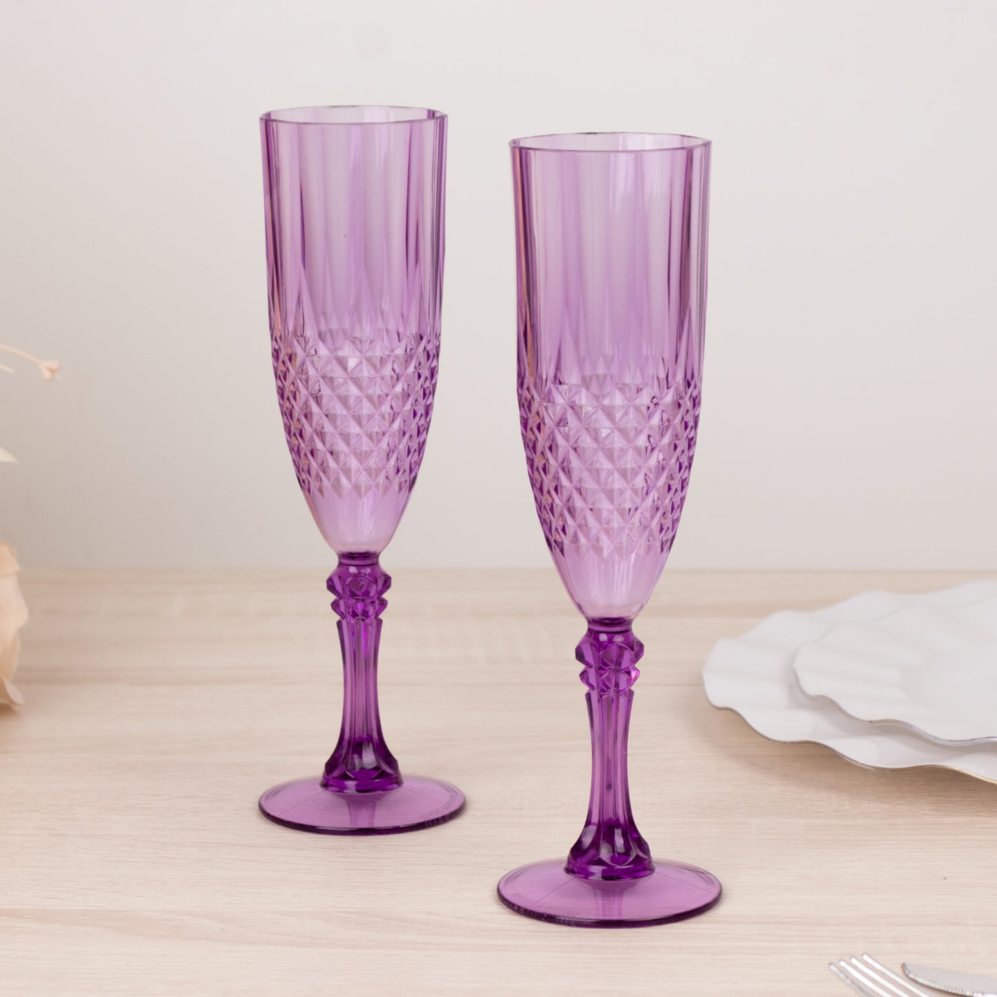 6 Pack Purple Crystal Cut Reusable Plastic Wedding Flute Glasses, 8oz Shatterproof Champagne Toast Glasses