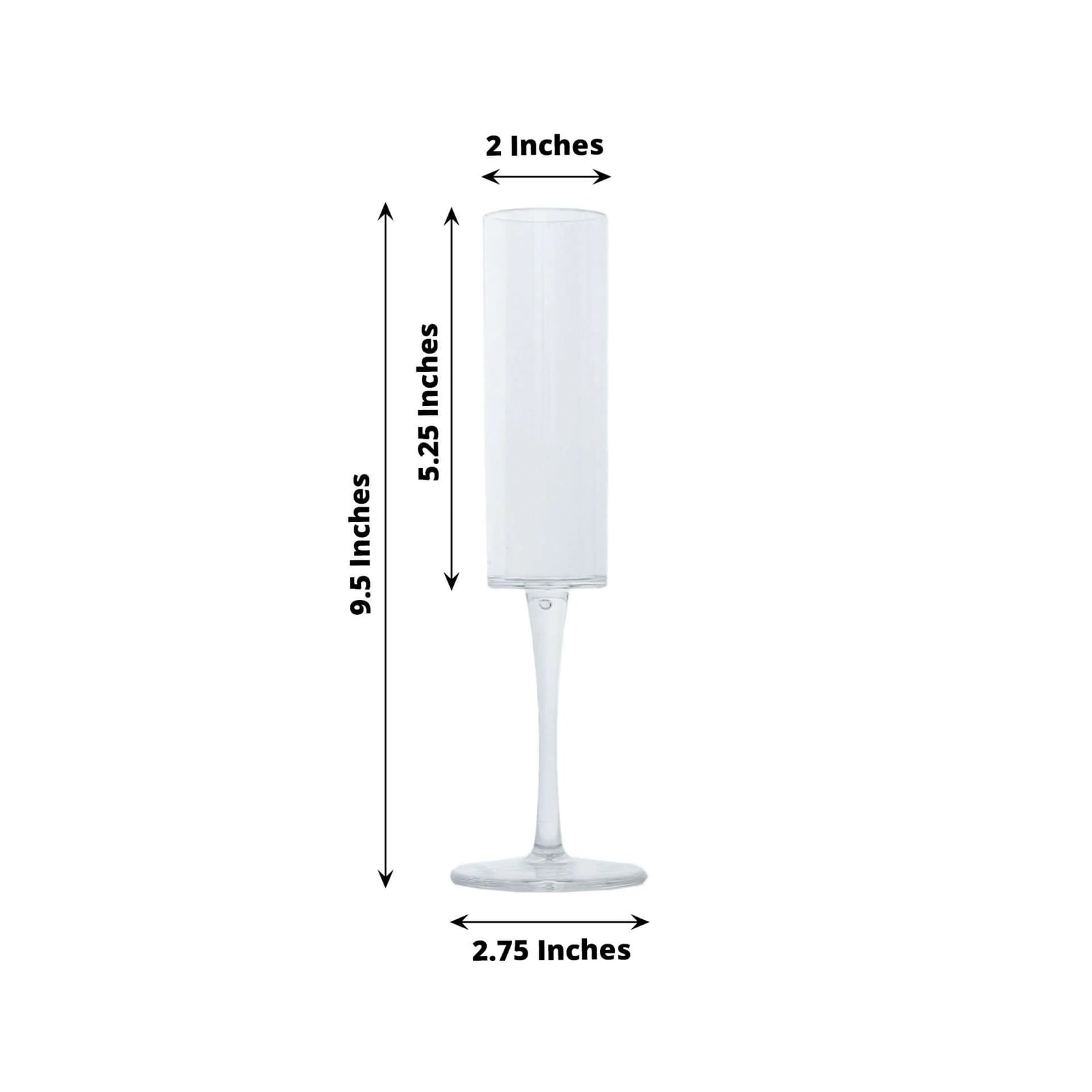 Clear reusable plastic champagne flutes, 6oz goblets, 9.5" tall.