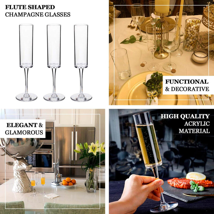 Clear reusable plastic champagne flute glasses, 6oz, 9.5" tall, set of 6.
