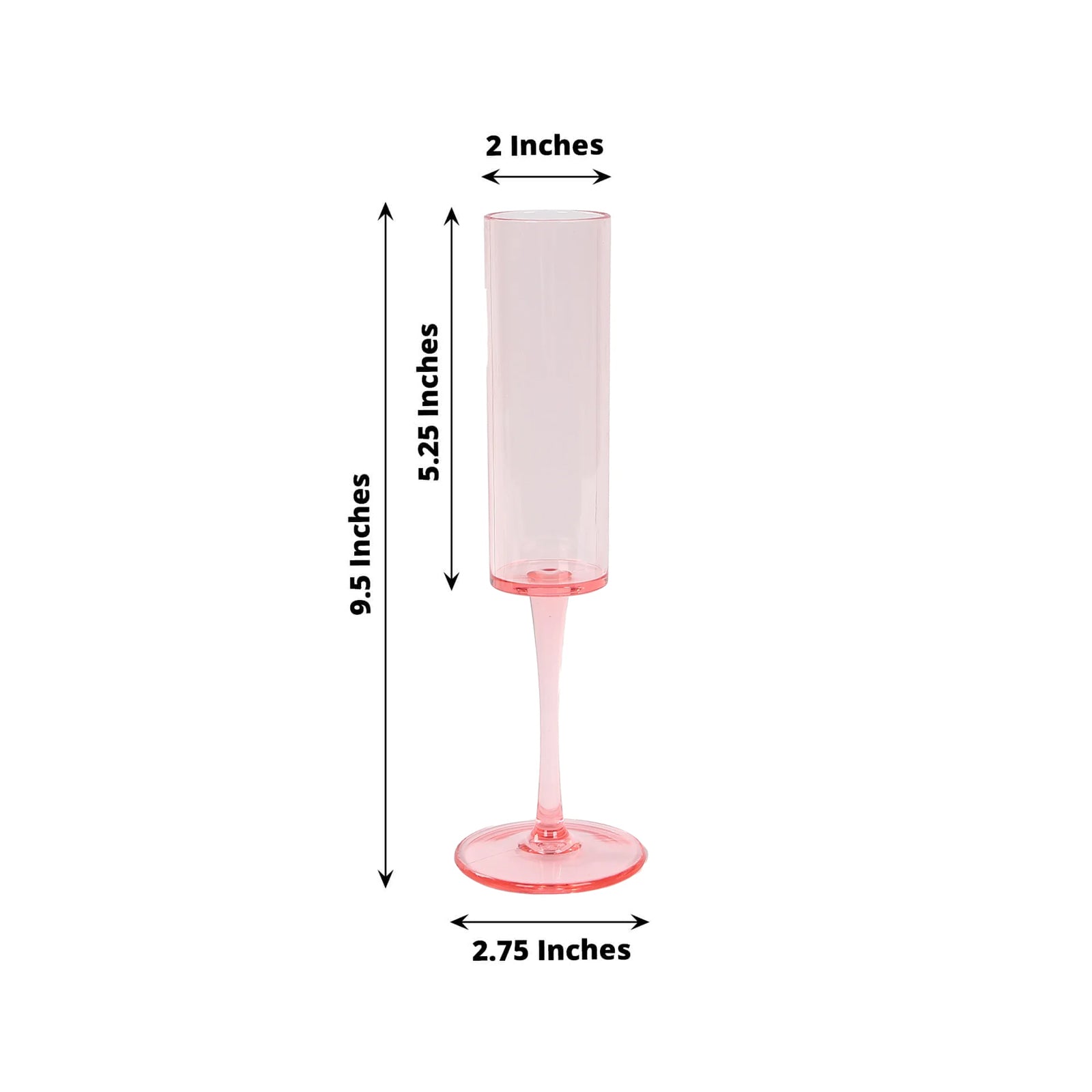 Transparent blush champagne flute glasses in cylindrical shape, 6oz capacity.