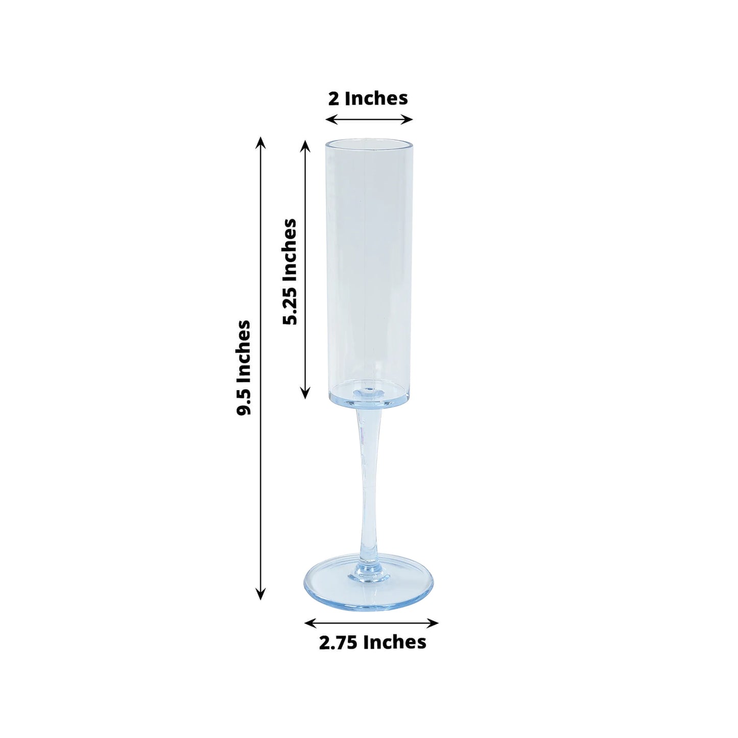 Transparent dusty blue reusable plastic champagne flute glass, 9.5" tall.