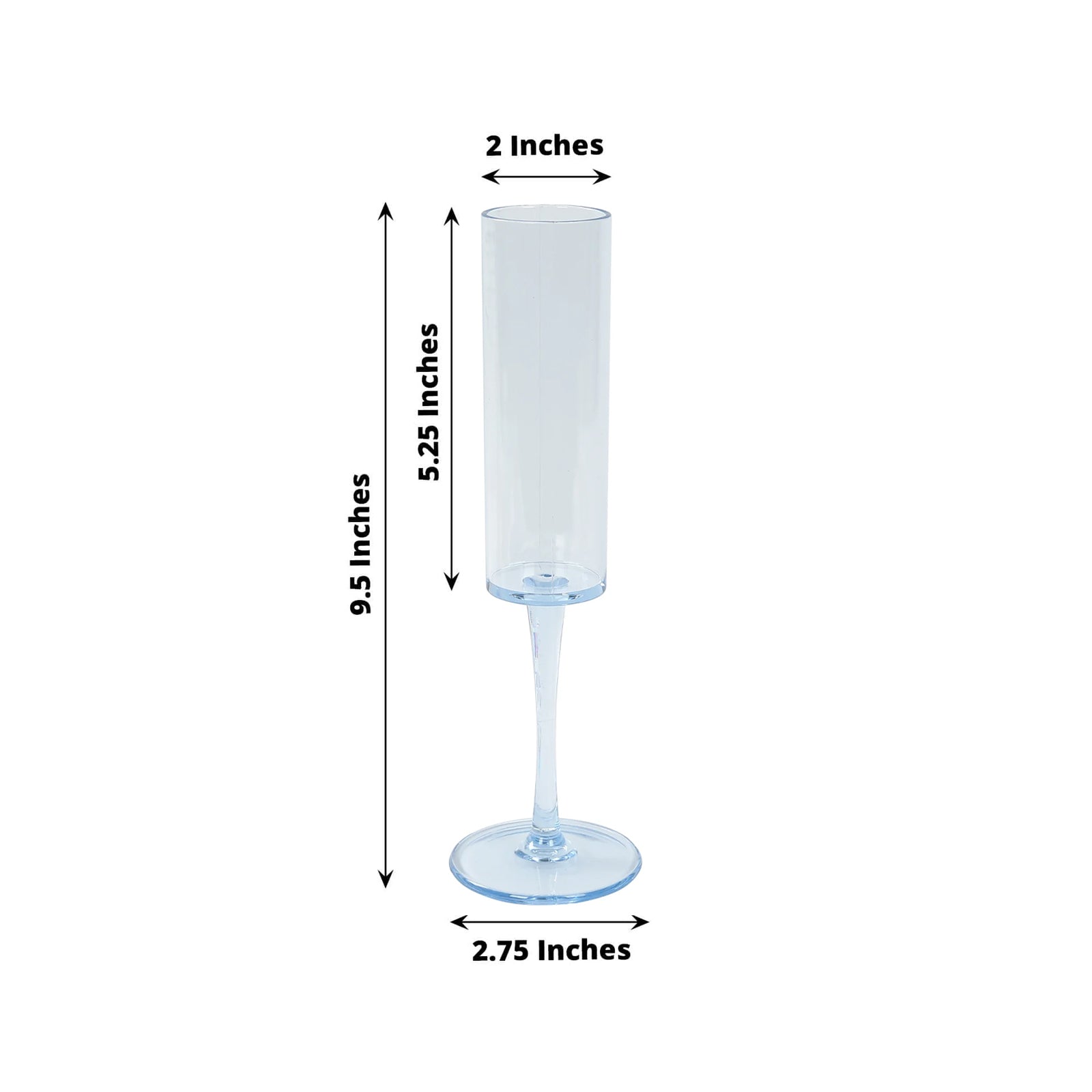 Transparent dusty blue reusable plastic champagne flute glass, 9.5" tall.