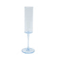 Transparent dusty blue champagne flute glass, 6oz, 9.5" tall, reusable.
