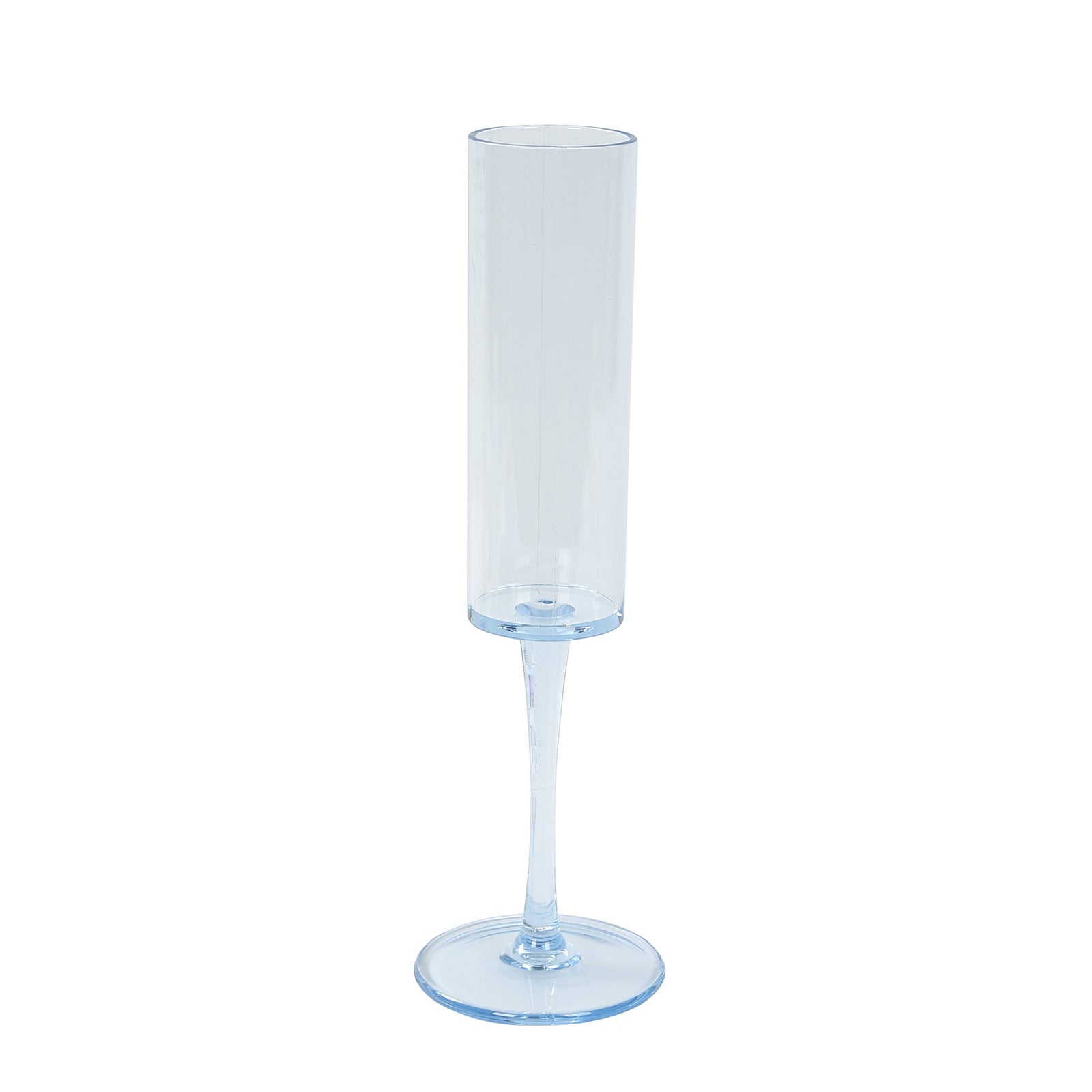 Transparent dusty blue champagne flute glass, 6oz, 9.5" tall, reusable.