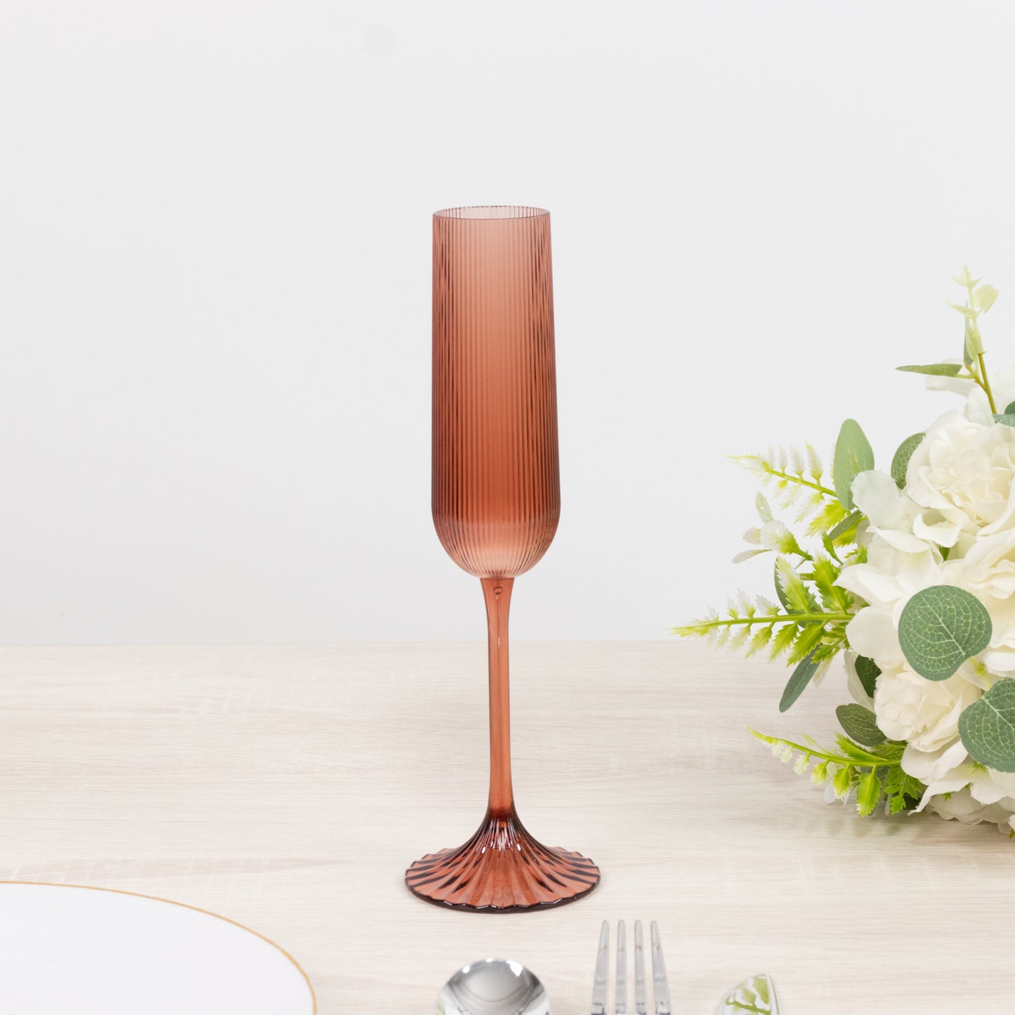12 Pack 4oz Vintage Ribbed Champagne Flutes Transparent Dusty Rose – Disposable Plastic Toasting Gla
