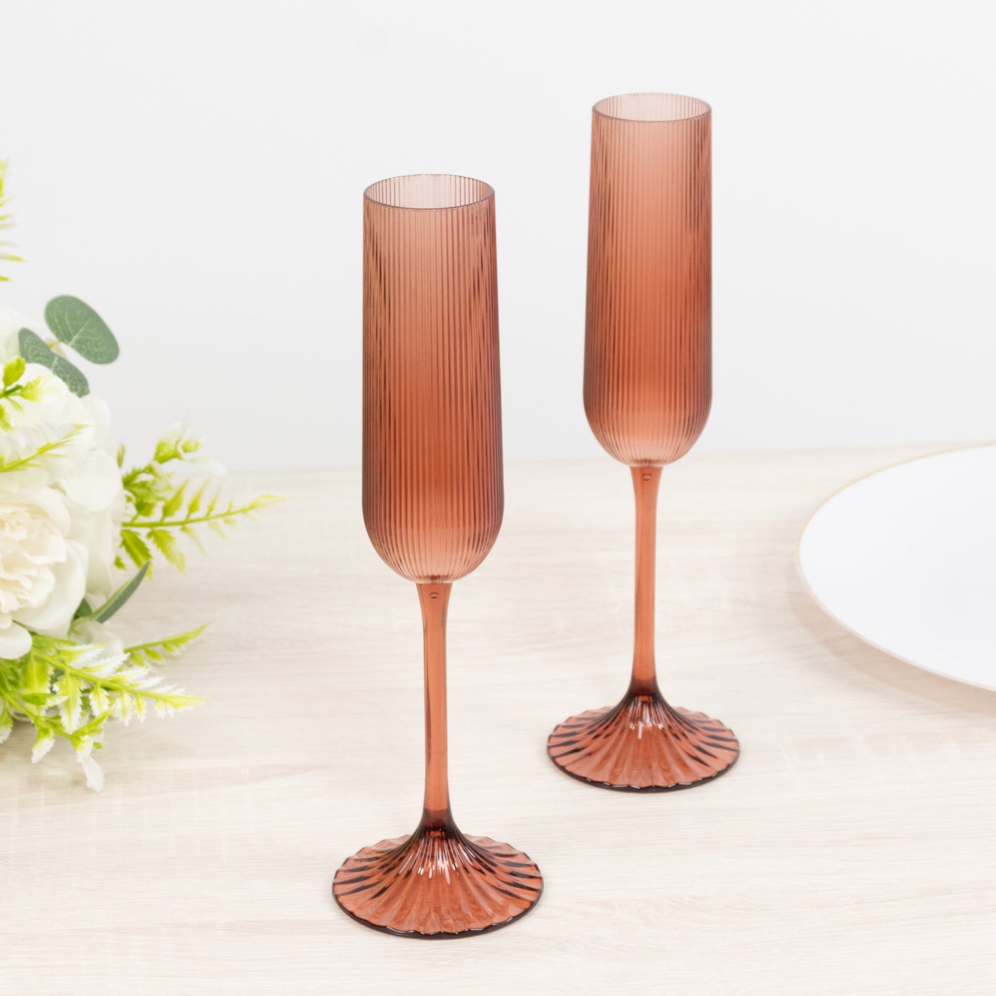 12 Pack 4oz Vintage Ribbed Champagne Flutes Transparent Dusty Rose – Disposable Plastic Toasting Gla