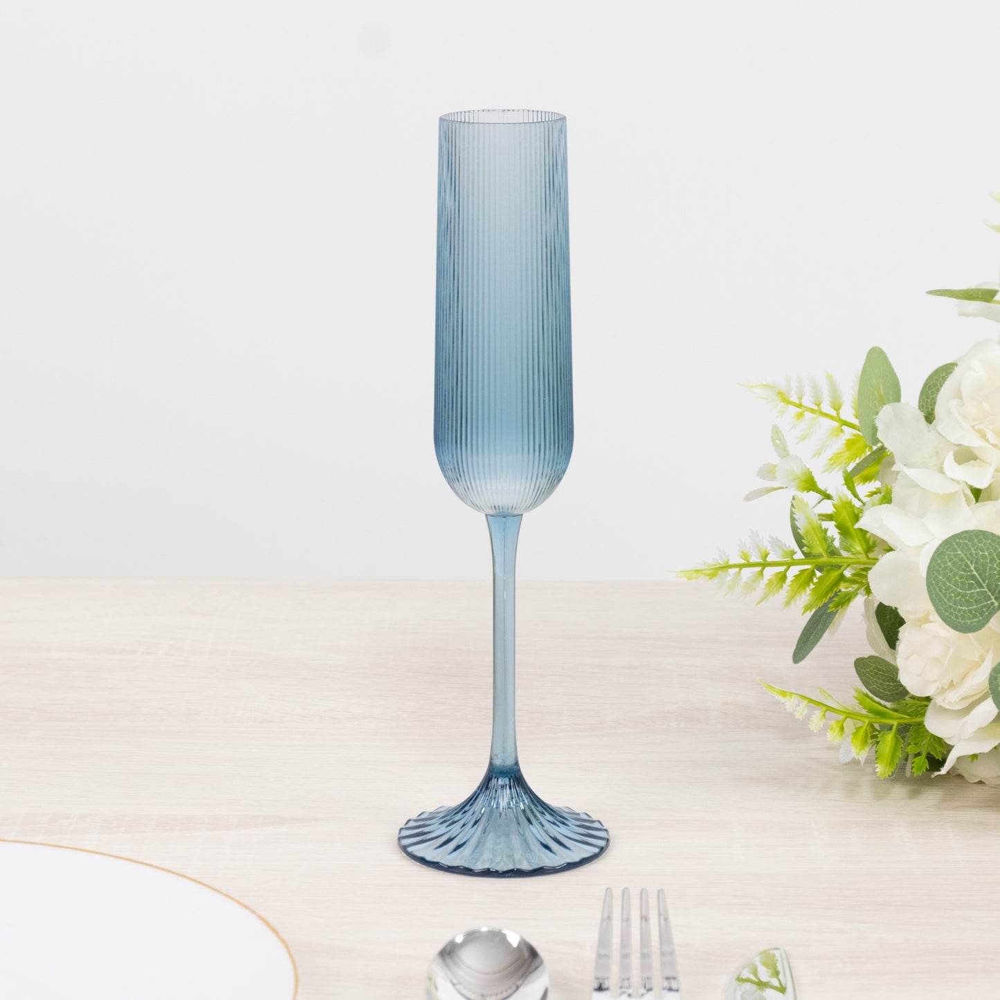 12 Pack 4oz Vintage Ribbed Champagne Flutes Transparent Dusty Blue – Disposable Plastic Toasting Gla