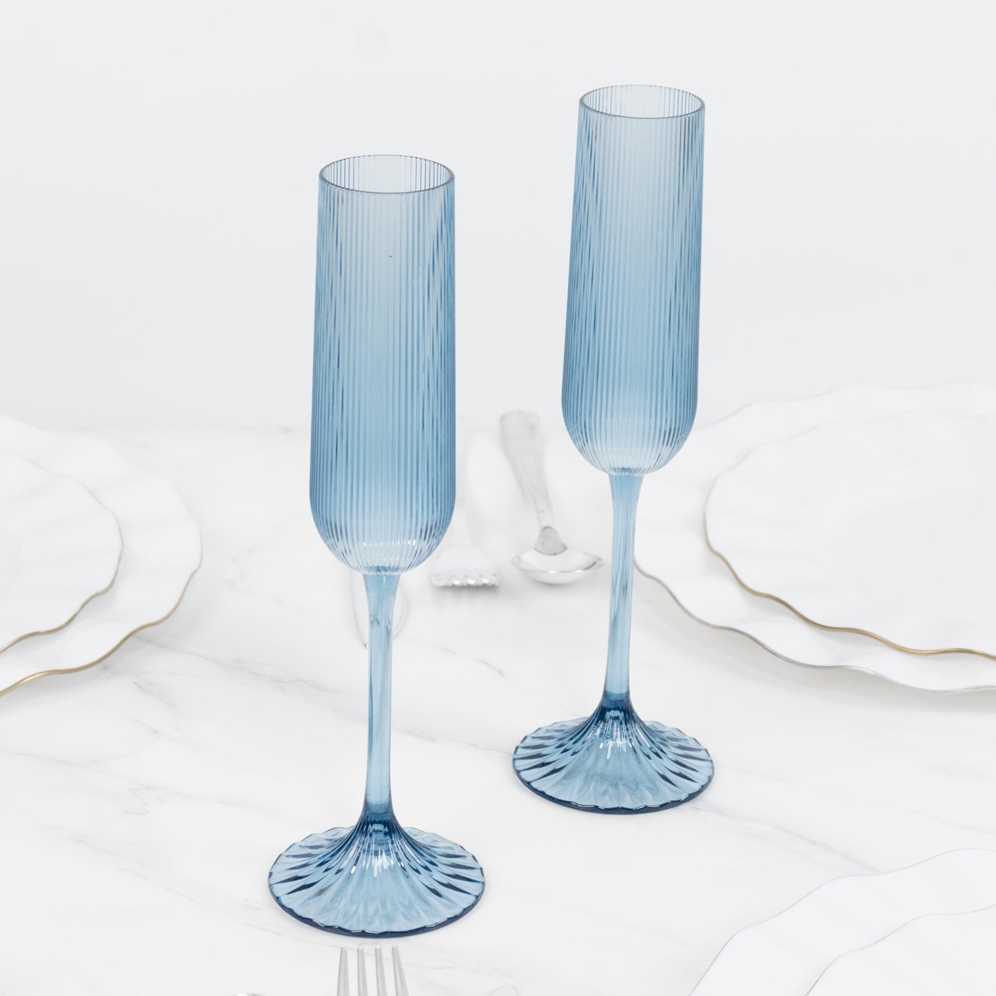12 Pack 4oz Vintage Ribbed Champagne Flutes Transparent Dusty Blue – Disposable Plastic Toasting Gla