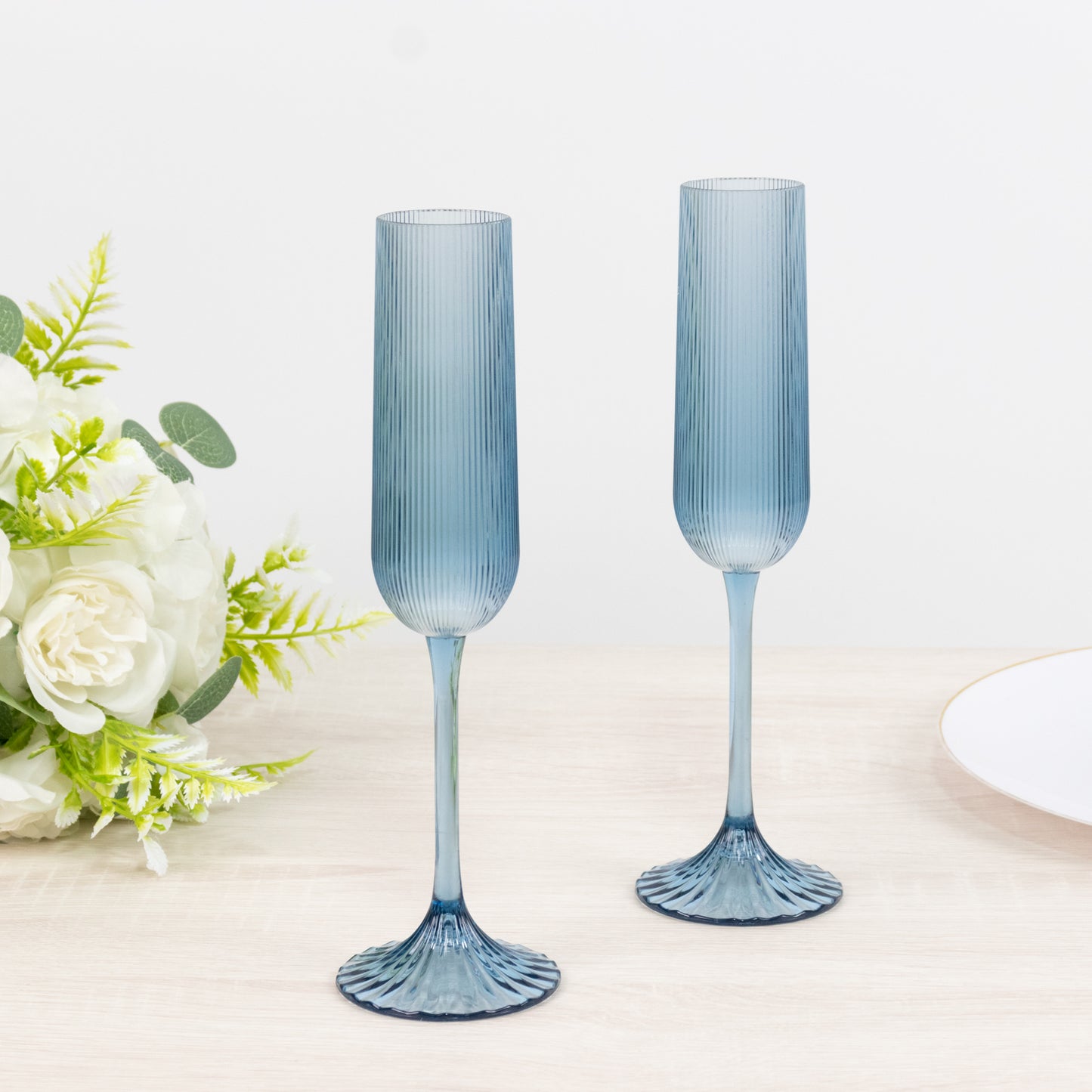 12 Pack 4oz Vintage Ribbed Champagne Flutes Transparent Dusty Blue – Disposable Plastic Toasting Gla