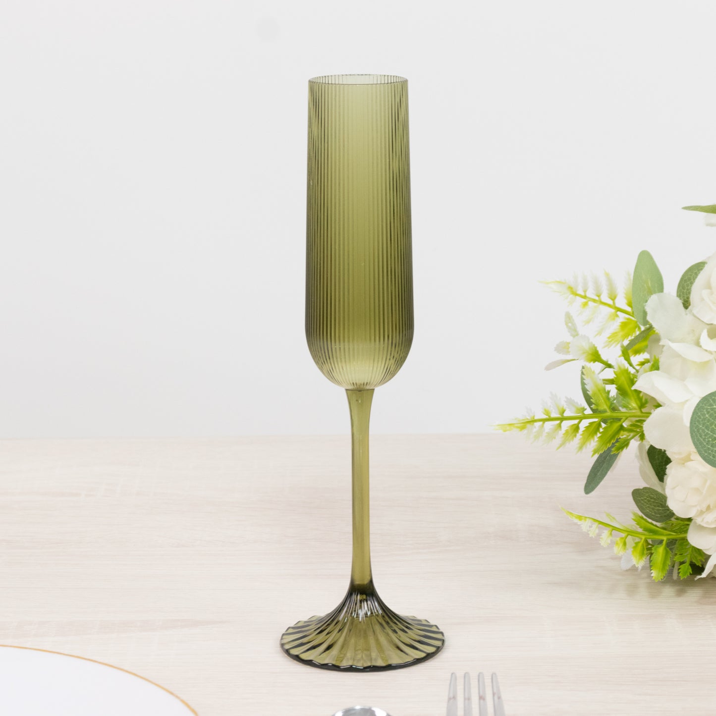 12 Pack 4oz Vintage Ribbed Champagne Flutes Transparent Dusty Sage Green – Disposable Plastic Toasti