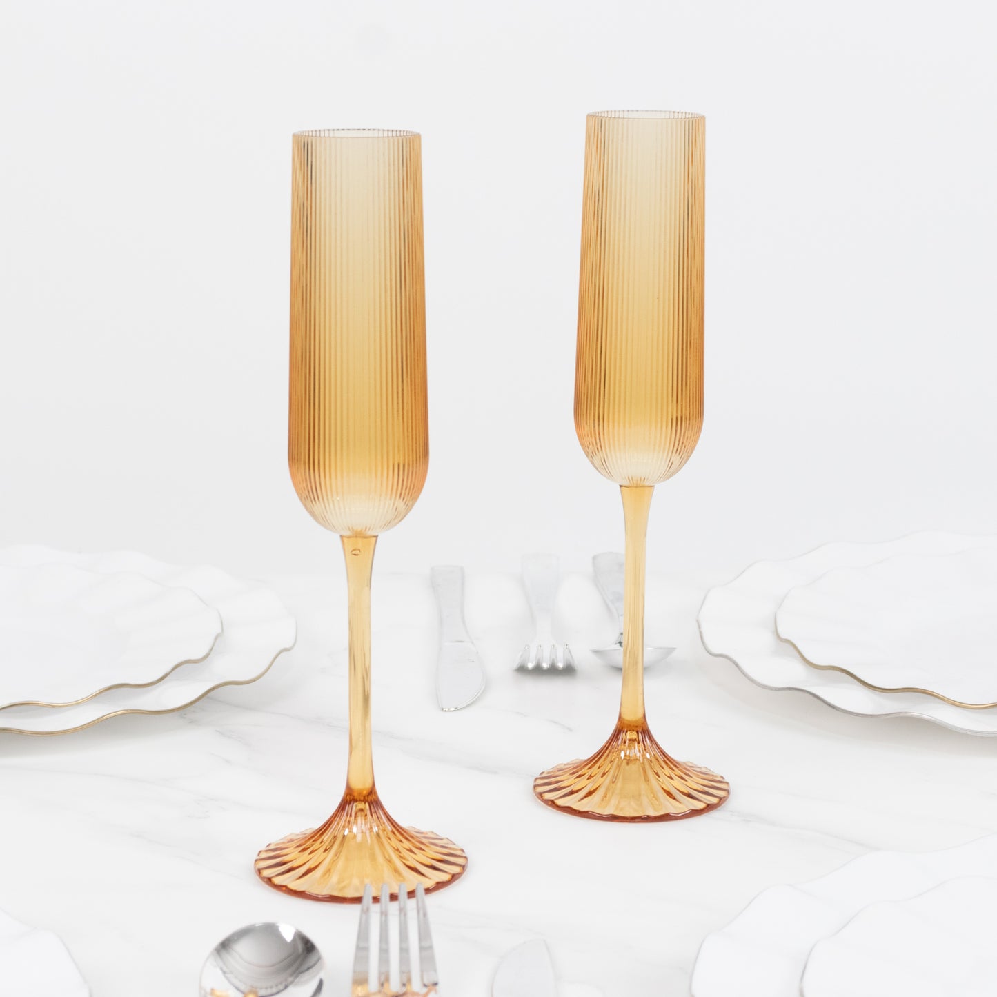 12 Pack 4oz Vintage Ribbed Champagne Flutes Amber Gold – Disposable Plastic Toasting Glasses