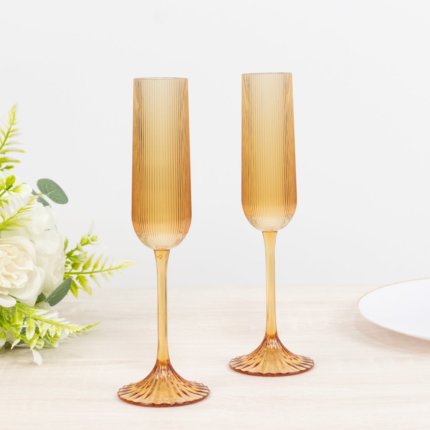 12 Pack 4oz Vintage Ribbed Champagne Flutes Amber Gold – Disposable Plastic Toasting Glasses