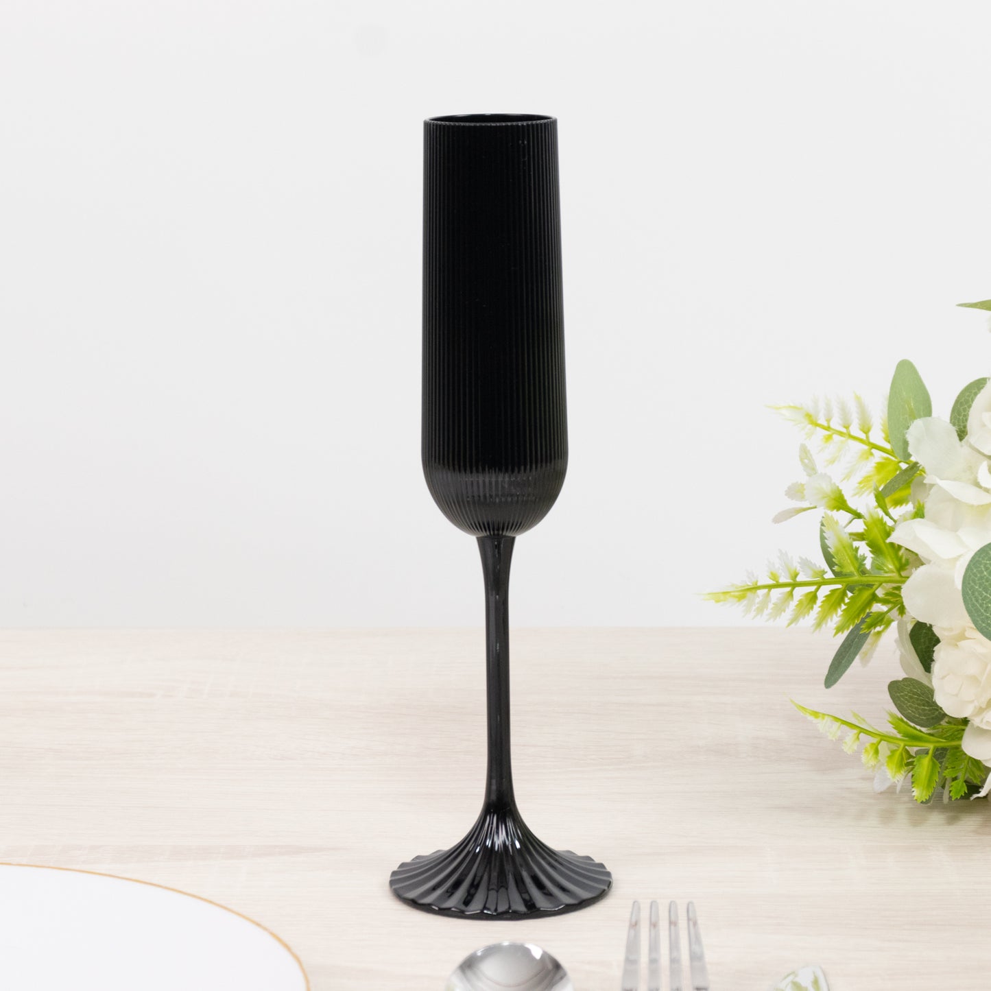 12 Pack 4oz Vintage Ribbed Champagne Flutes Black – Disposable Plastic Toasting Glasses