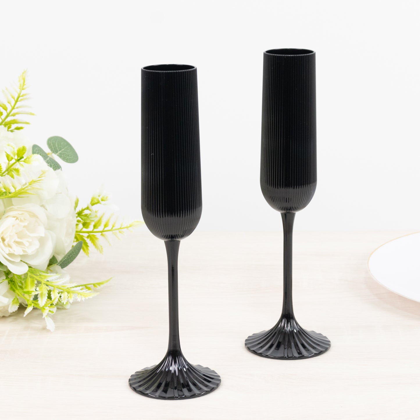 12 Pack 4oz Vintage Ribbed Champagne Flutes Black – Disposable Plastic Toasting Glasses