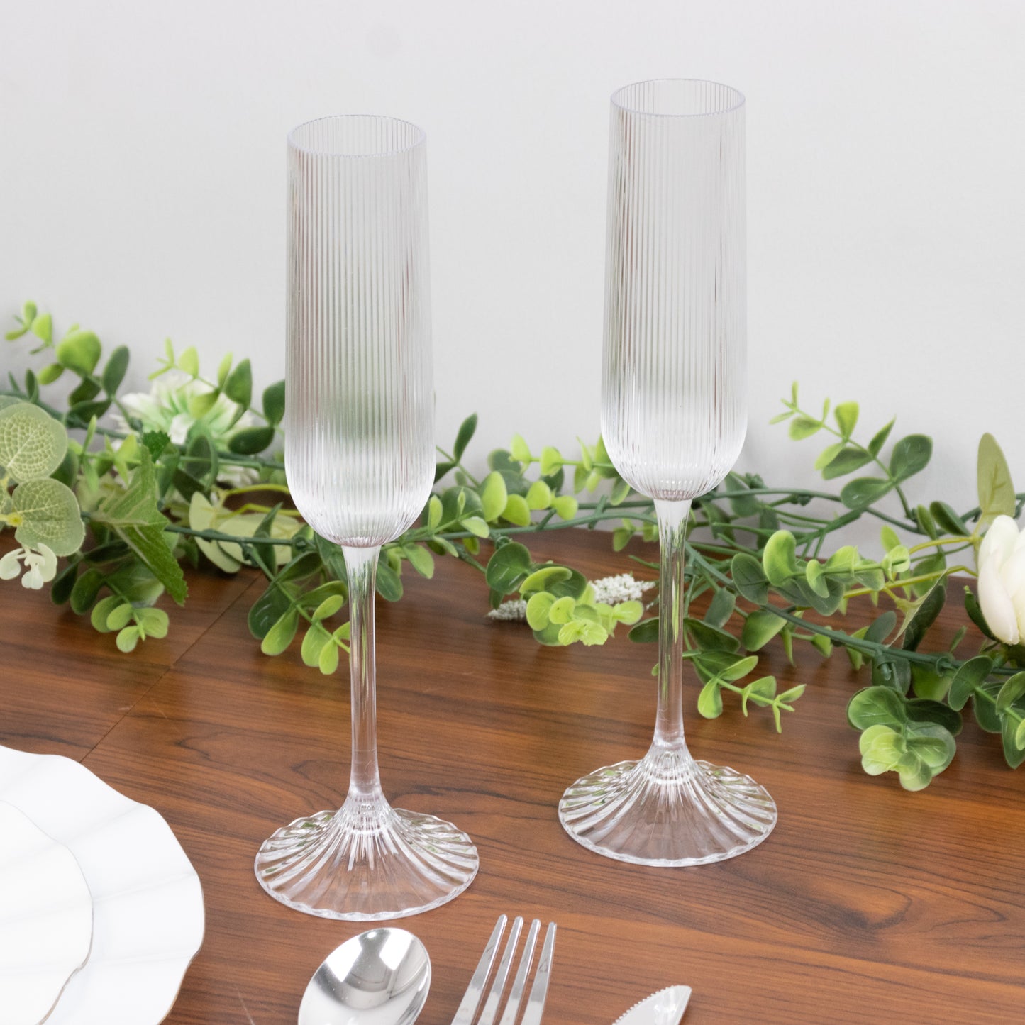 12 Pack 4oz Vintage Ribbed Champagne Flutes Clear – Disposable Plastic Toasting Glasses