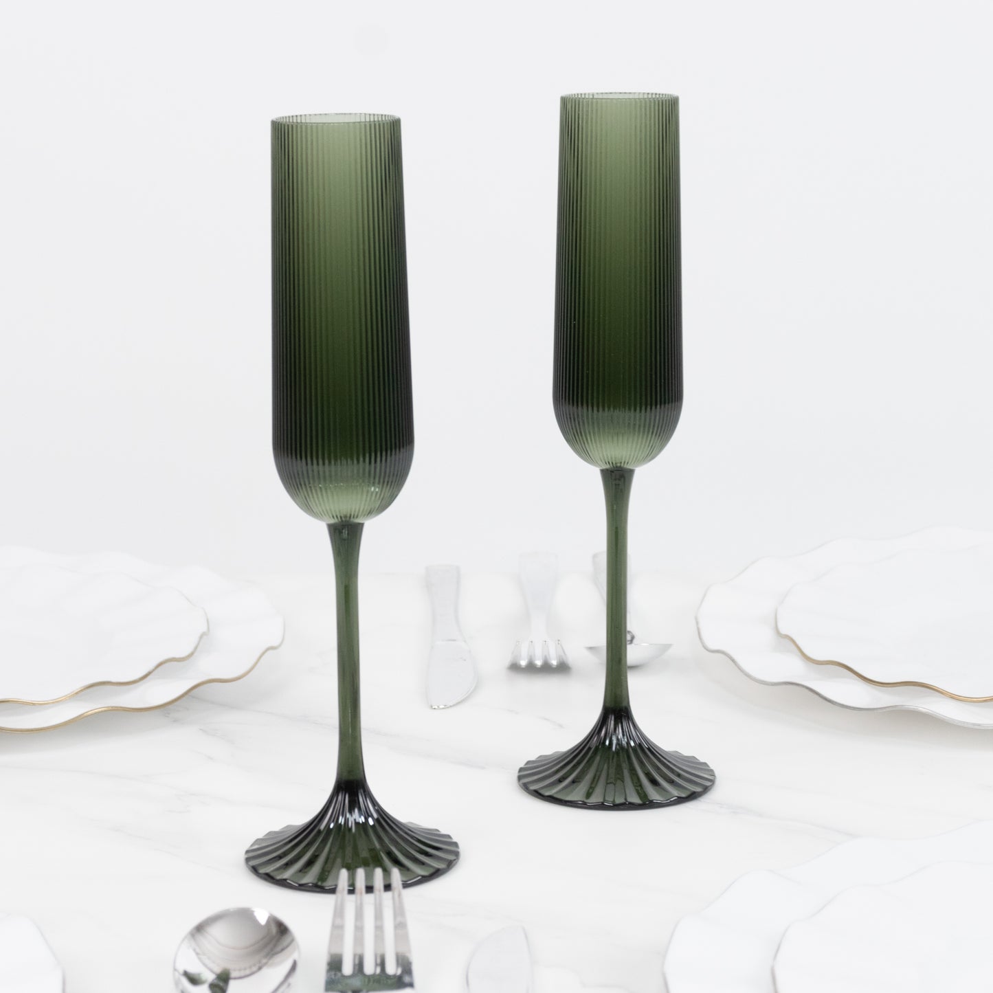 12 Pack 4oz Vintage Ribbed Champagne Flutes Hunter Emerald Green – Disposable Plastic Toasting Glass
